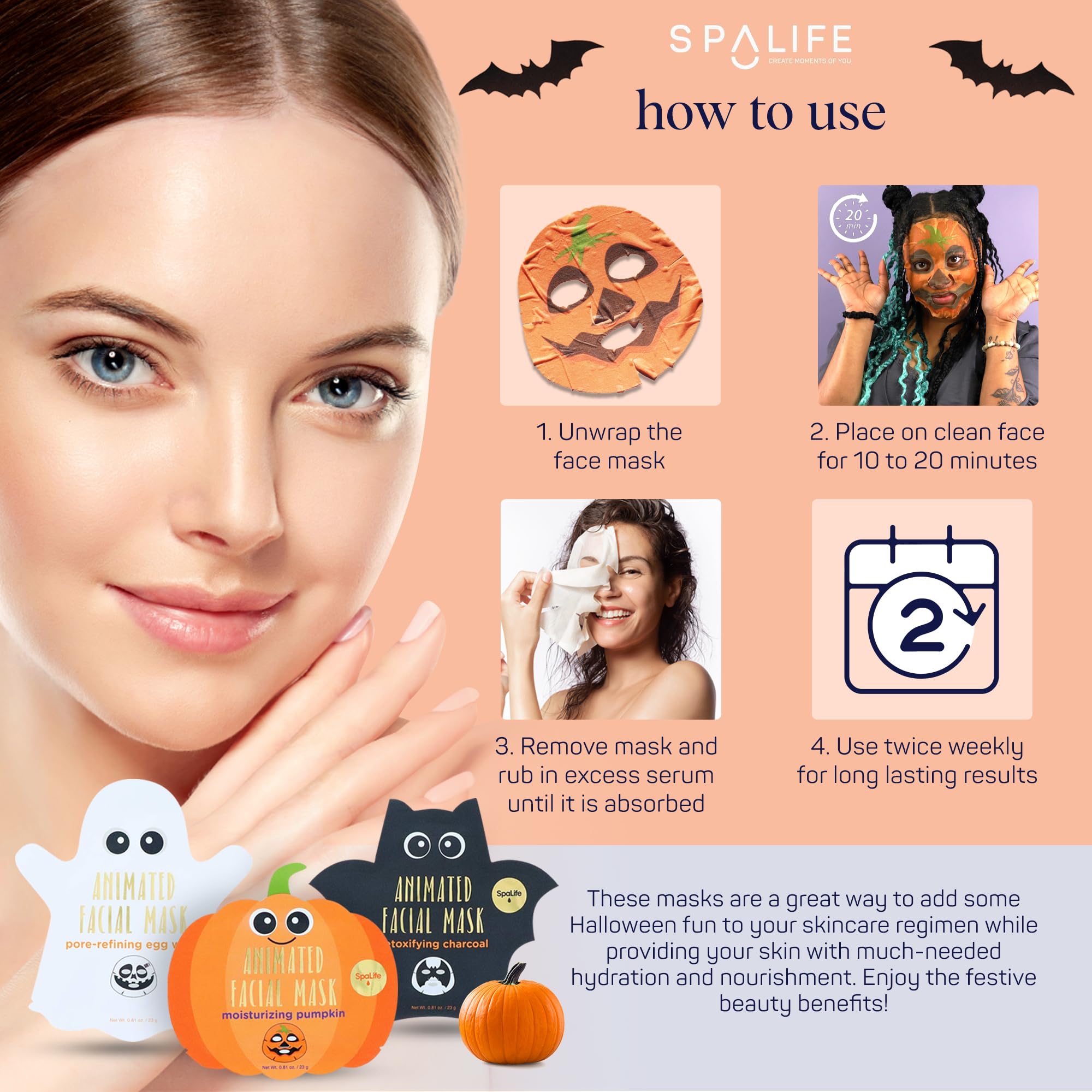 SpaLife Halloween Facial Mask Sheet Bundle - Pumpkin, Ghost, Bat - 9 Count Moisturizing Face Masks for Skin Care and Beauty