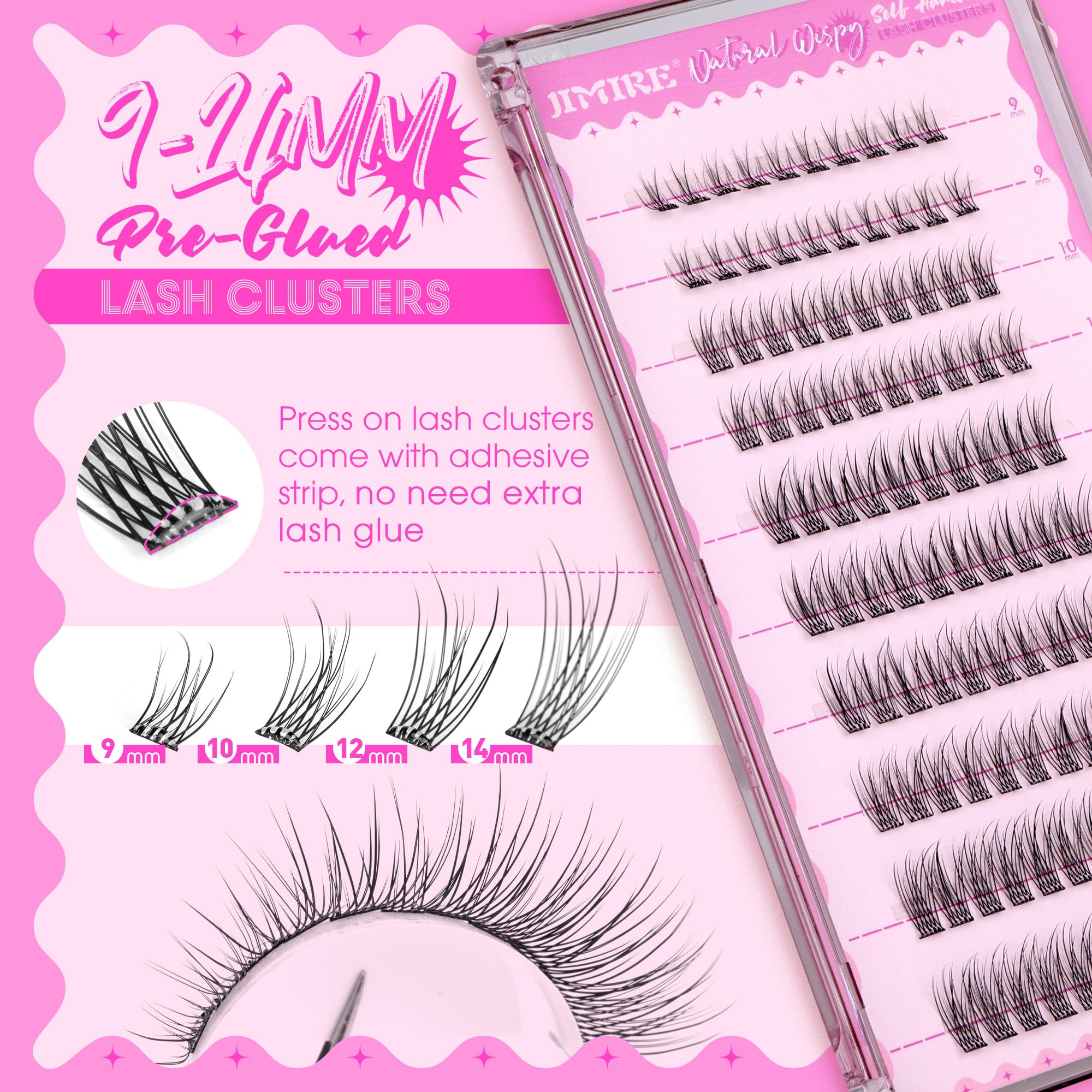 Jimire Self Adhesive Eyelashes Natural Look 9-14Mm Wispy Pre Glued Lash Clusters No Glue Needed Press On Lashes Clusters Reusabl