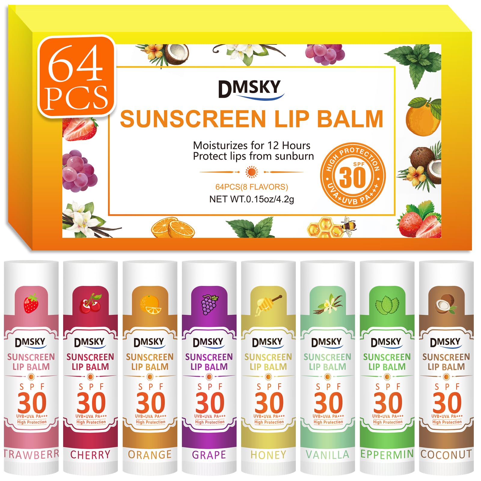 Dmsky Spf Lip Balm Bulk 64 Pack, Sunscreen Lip Balm Spf 30, Broad Spectrum Uva/Uvb Protection, Lip Sunblock Bulk Sunscreen Trave
