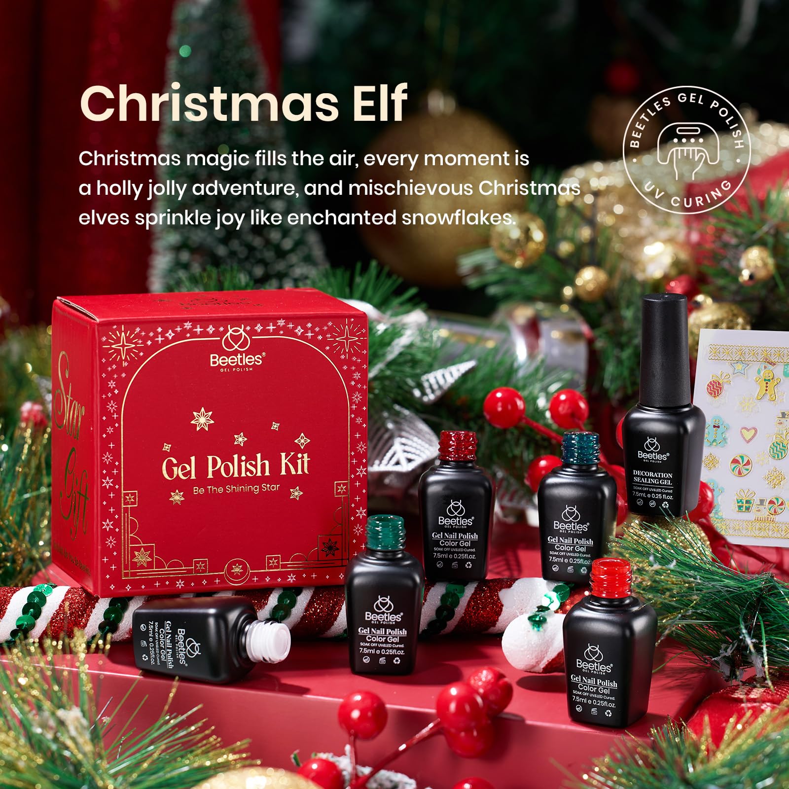 Beetles Christmas Gel Nail Polish, Sparkle Red Green Gel Polish Kit Soak Off Uv Led Gel Nail Kit Manicure Gift With Nail Strengt
