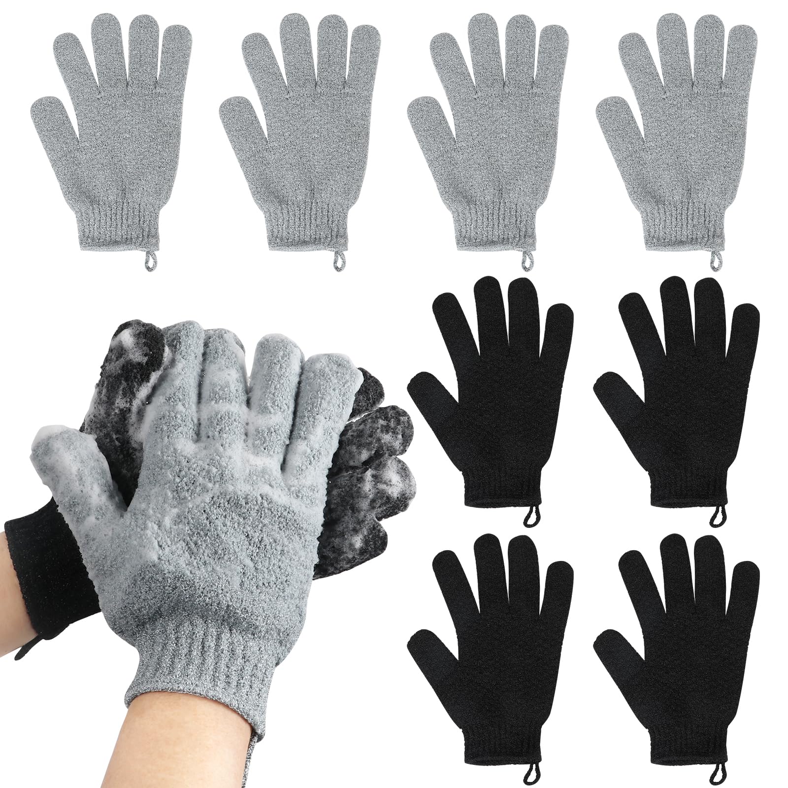 Exfoliating Gloves For Big Hands 8Pack- Lengthened And Large Double-Sided Shower Gloves(4Pairs/8Pcs) For Shower, Spa, Massage -
