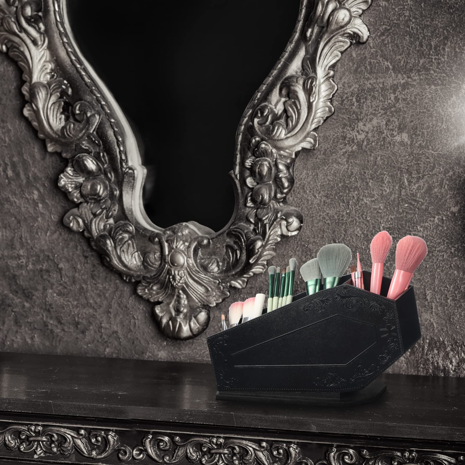 Maitys Coffin Makeup Brush Holder Gothic Wooden Organizer Spooky Coffin Case Gifts For Women Cosmetic Display Cases Spooky Home