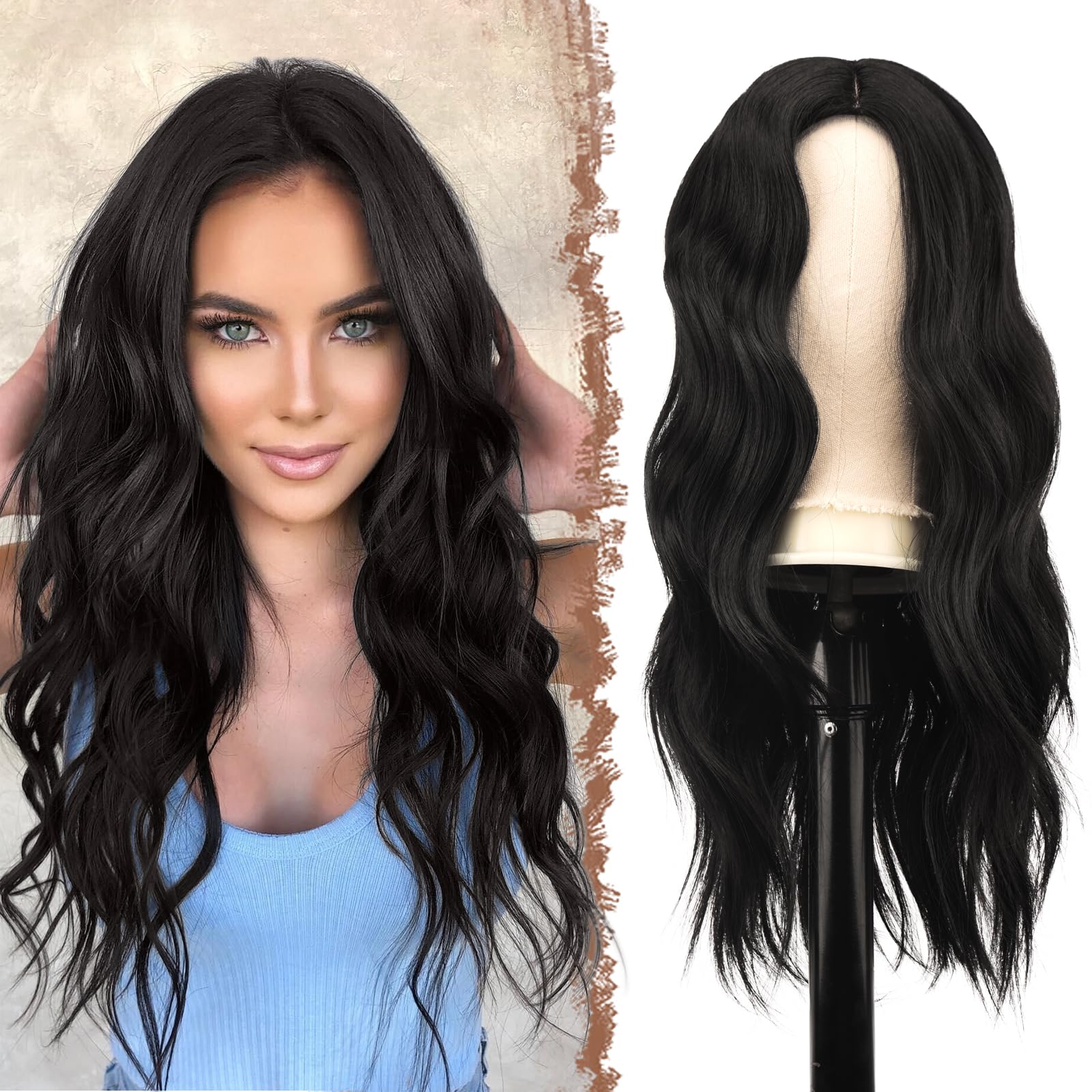 FESHFEN Long Black Wigs for Women 22 inch Curly Wavy Full Wig Middle Parting Wigs Natural Looking Synthetic Wig Extensions for D
