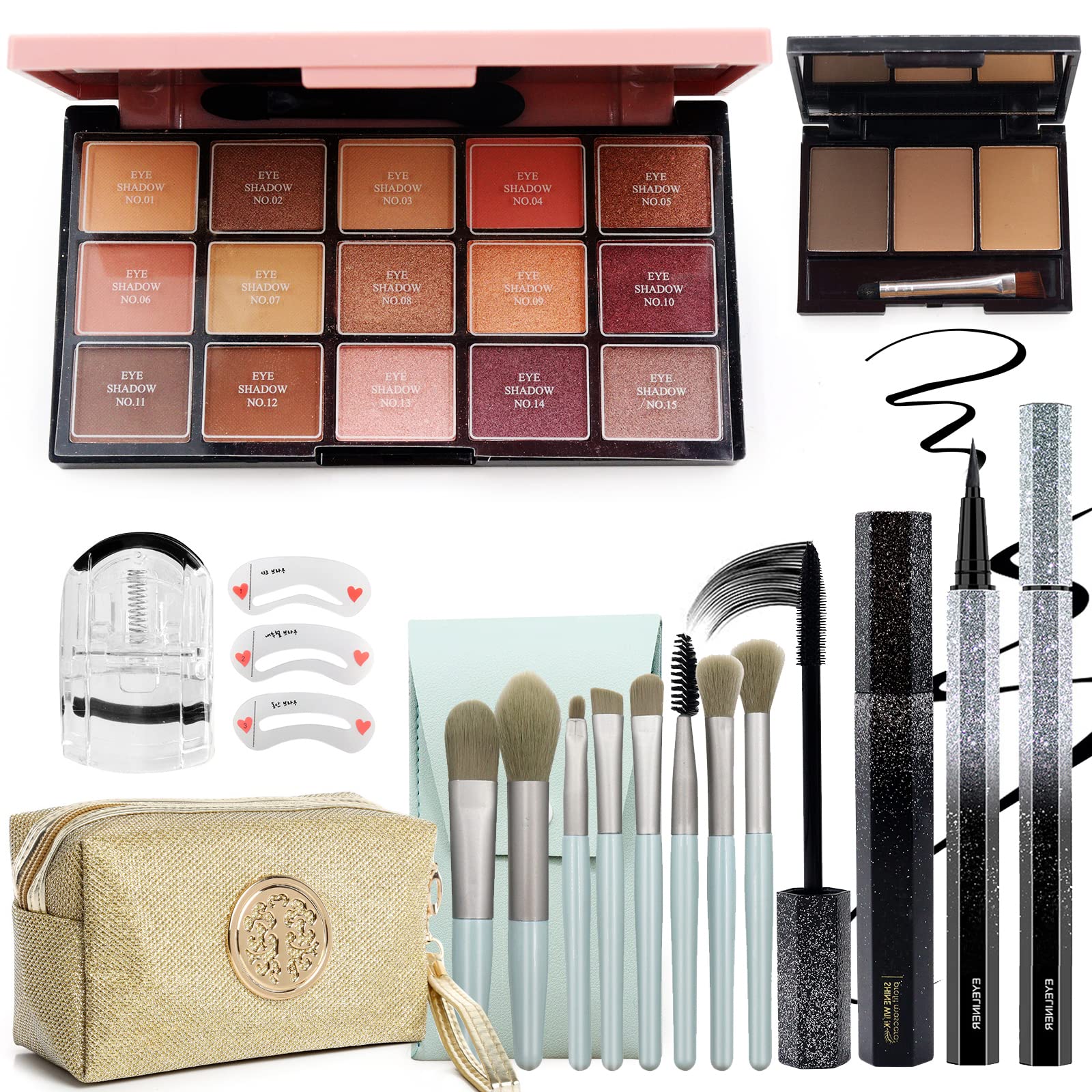 All In One Makeup Kit For Women,15 Color Eye Shadow Makeup Plattete,Waterproof Eyeliner Mascara,3 Color Eyebrow Powder,Eyebrow S