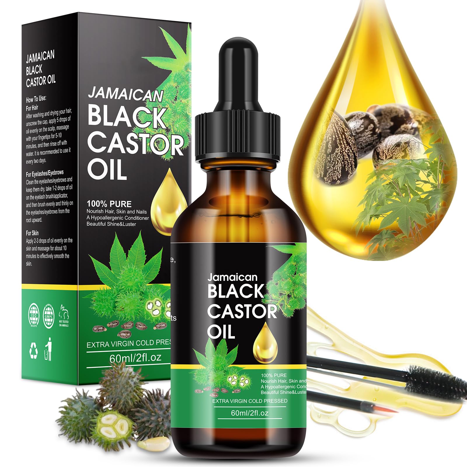 Jamaican Black Castor 100% Pure Castor Oil Cold Pressed Unrefined Glass Bottle, Castor Oil for Face Hair Growth Eyelashes Eyebro