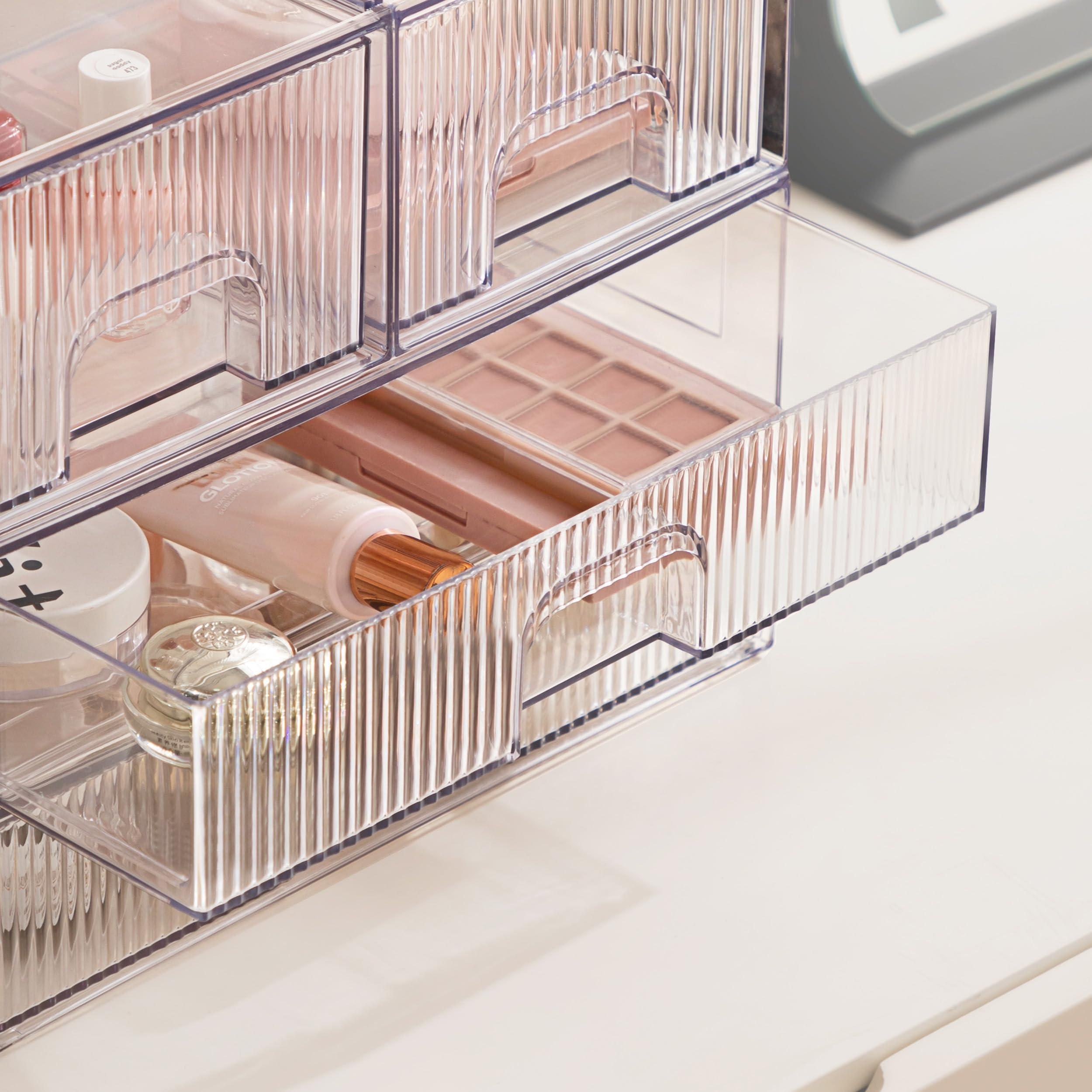 Vorey Clear Stackable Desk Storage Drawers, 3 Pack Acrylic Bathroom Makeup Organizers, Easily Assemble All Purpose Plastic Bins