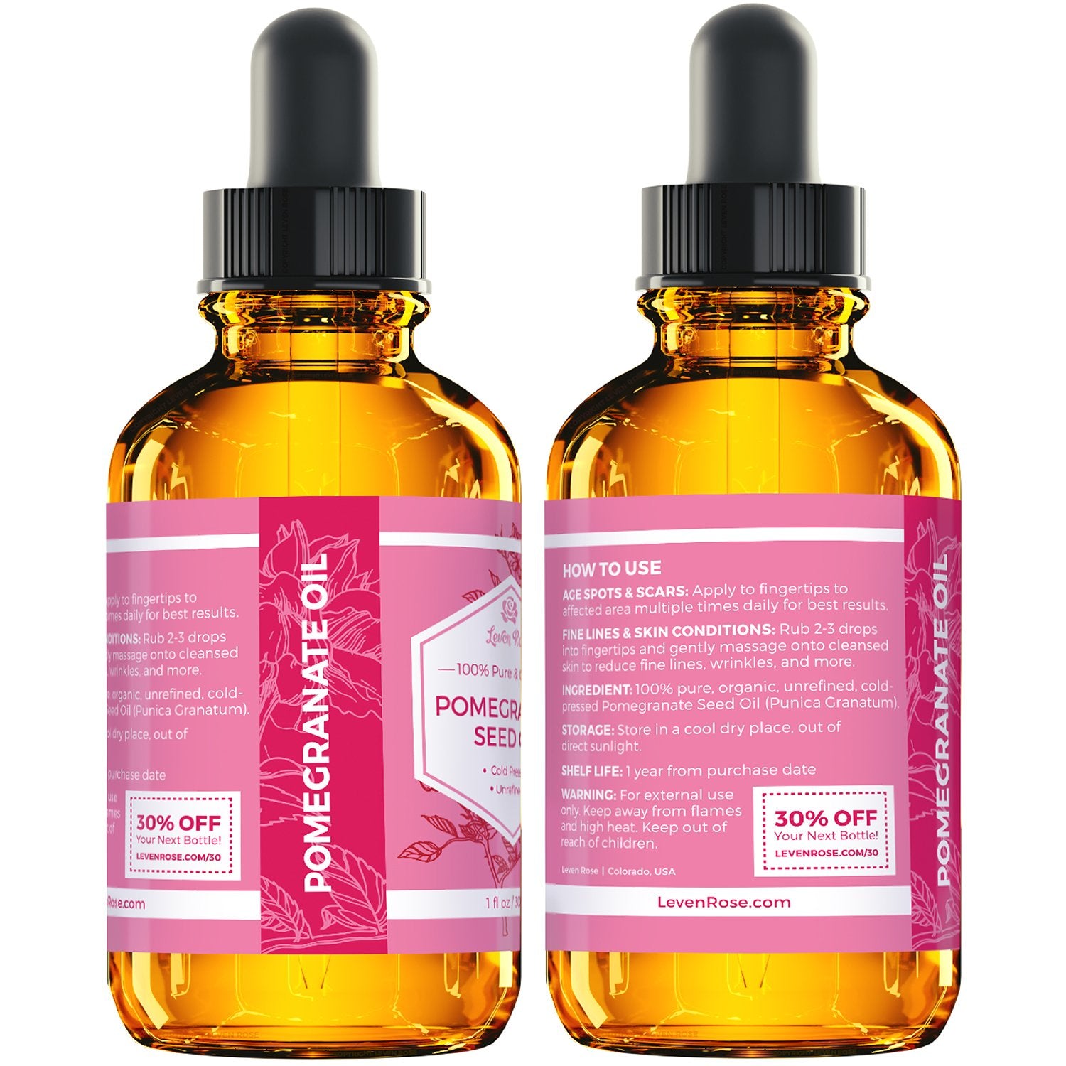 Leven Rose Pomegranate Seed Oil, 100% Pure Unrefined Cold Pressed Antioxidant Moisturizer For Hair Skin And Nails 1 Oz
