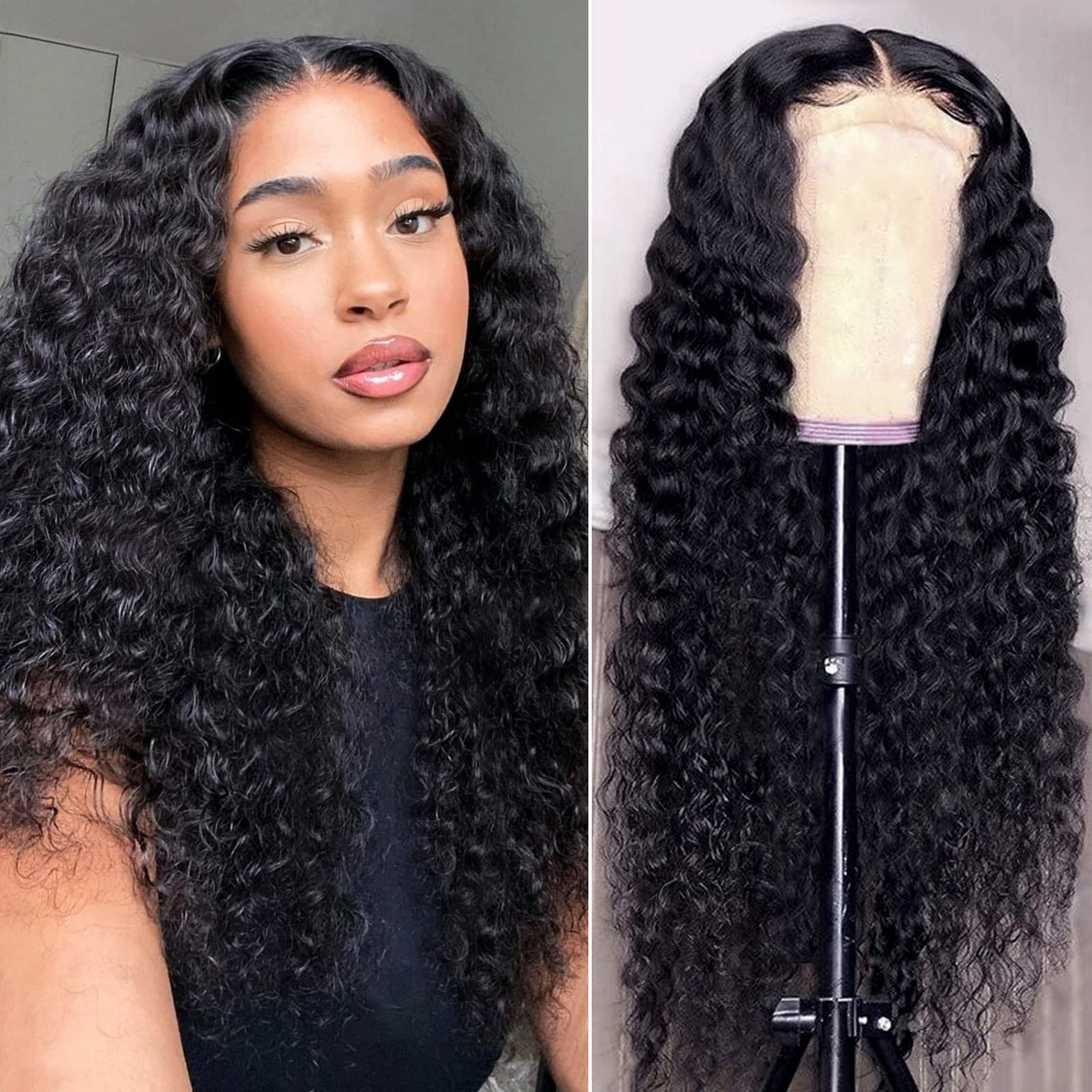 AISI Deep Wave Lace Closure Wigs Human Hair 180% Density Wigs for Black Women 4X4 Transparent Lace Front Wigs Human Hair Glueles