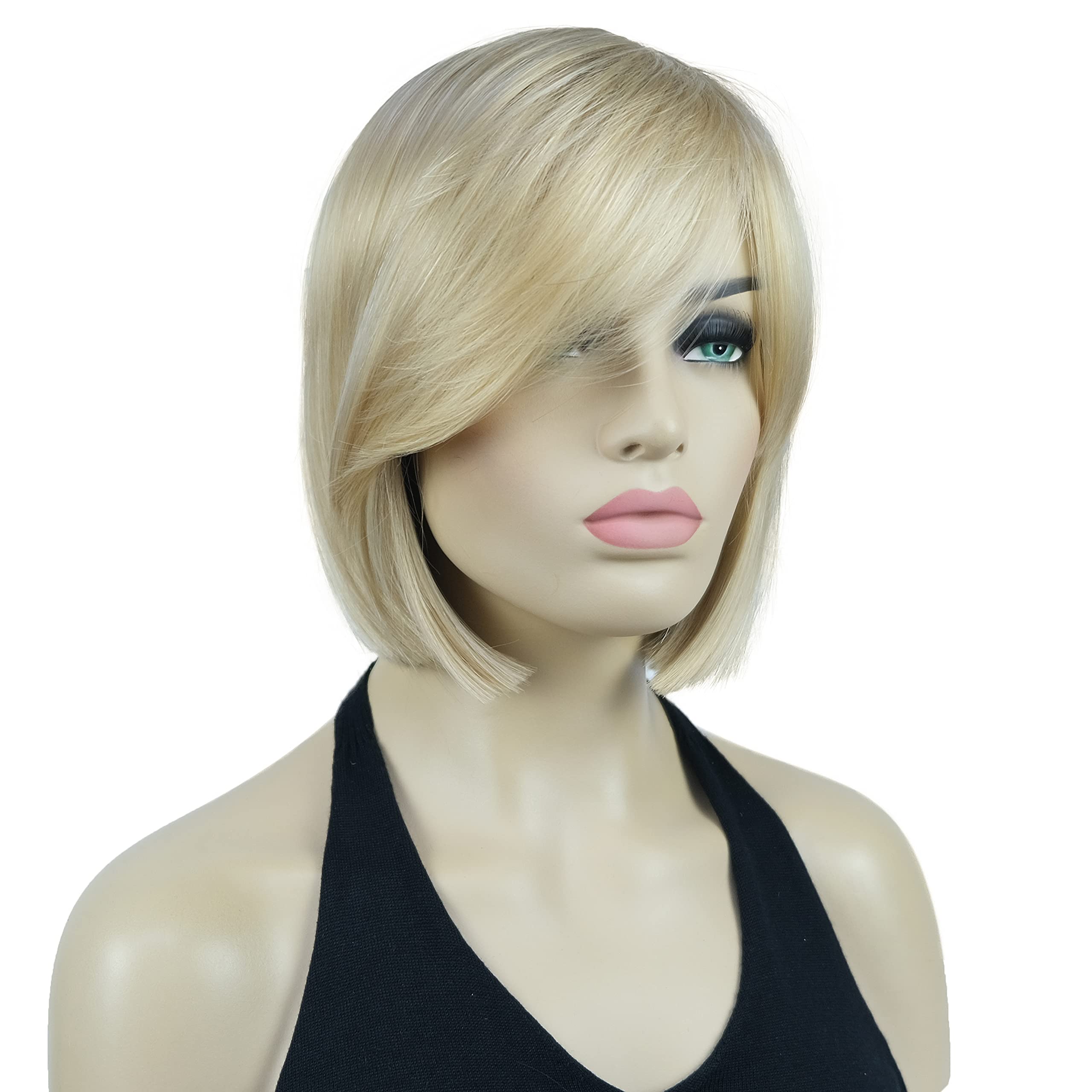 Lydell 8'' Straight Short Wigs Bob Hair With Bangs Cute Central Dot Top Heat Resistant Synthetic Wigs (26 Bright Golden Blonde)