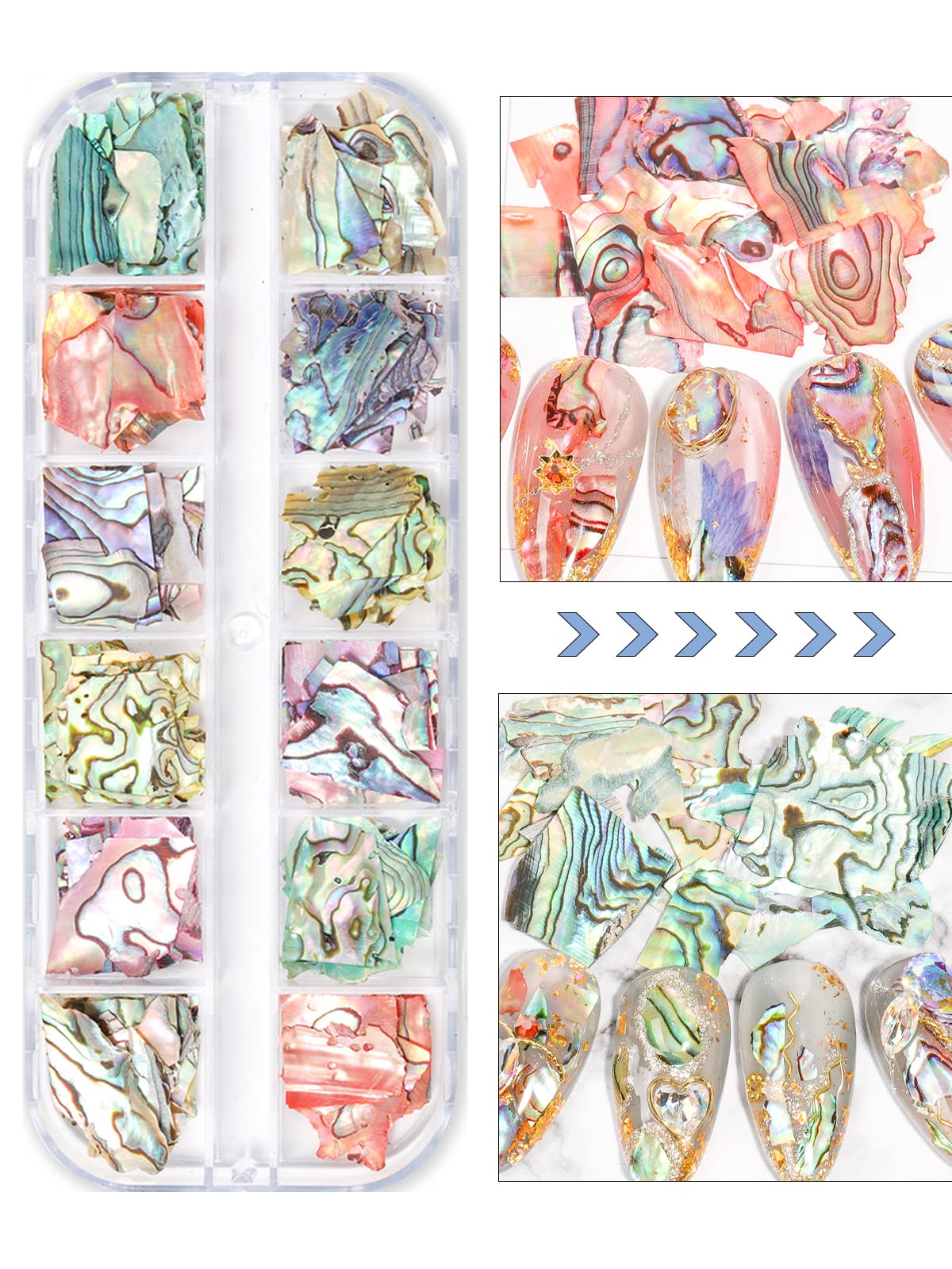 24 Grids Seashell Nail Art Slices Nail Flakes, Wsimily 3D Irregular Abalone Shell Slices Nail Art Slices Sequins Design Colorful