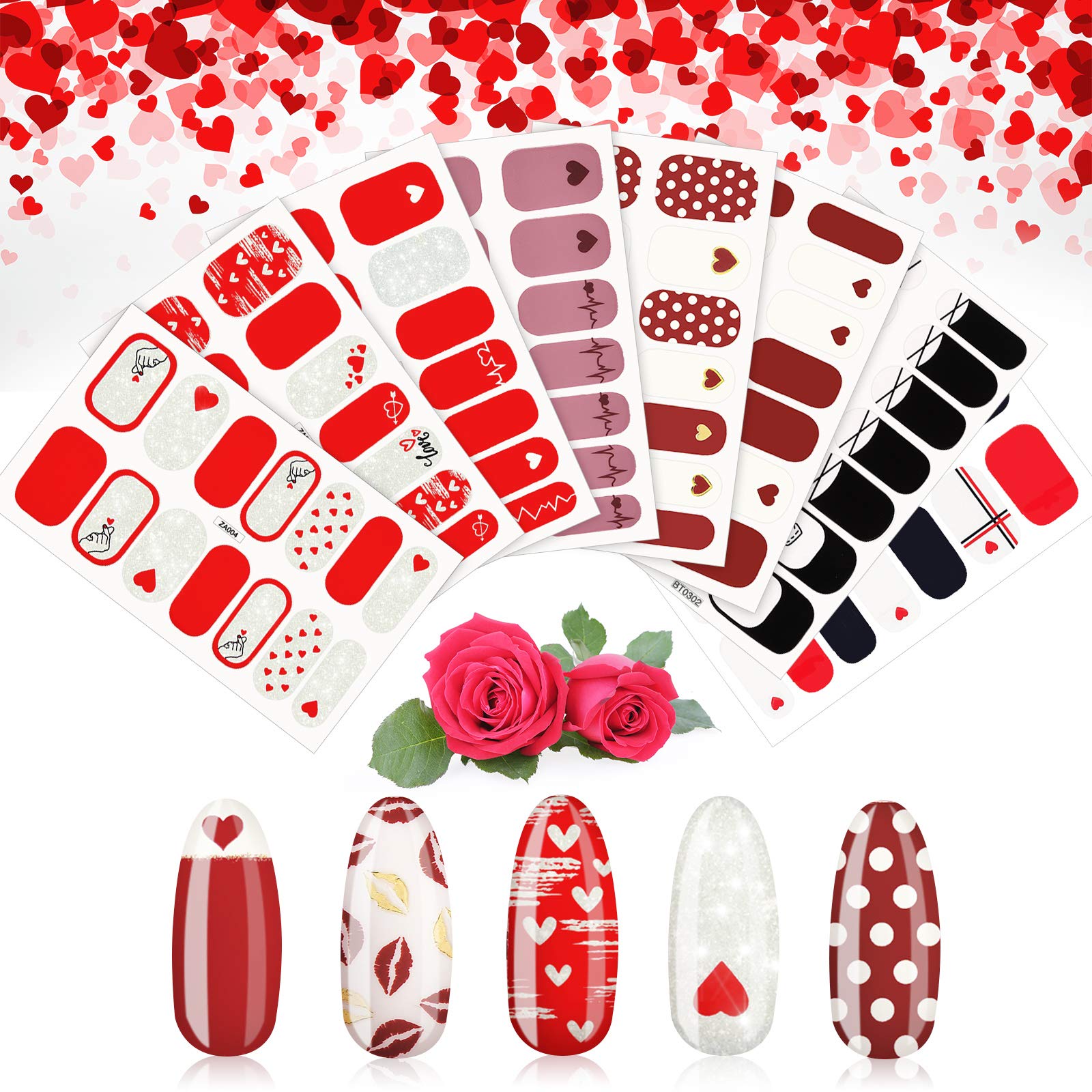 Maitys 112pcs 8 Sheets Valentine Nail Art Stickers Full Wraps Heart Nail Wraps Self-Adhesive Lips Decals Polish Sticker Strips a