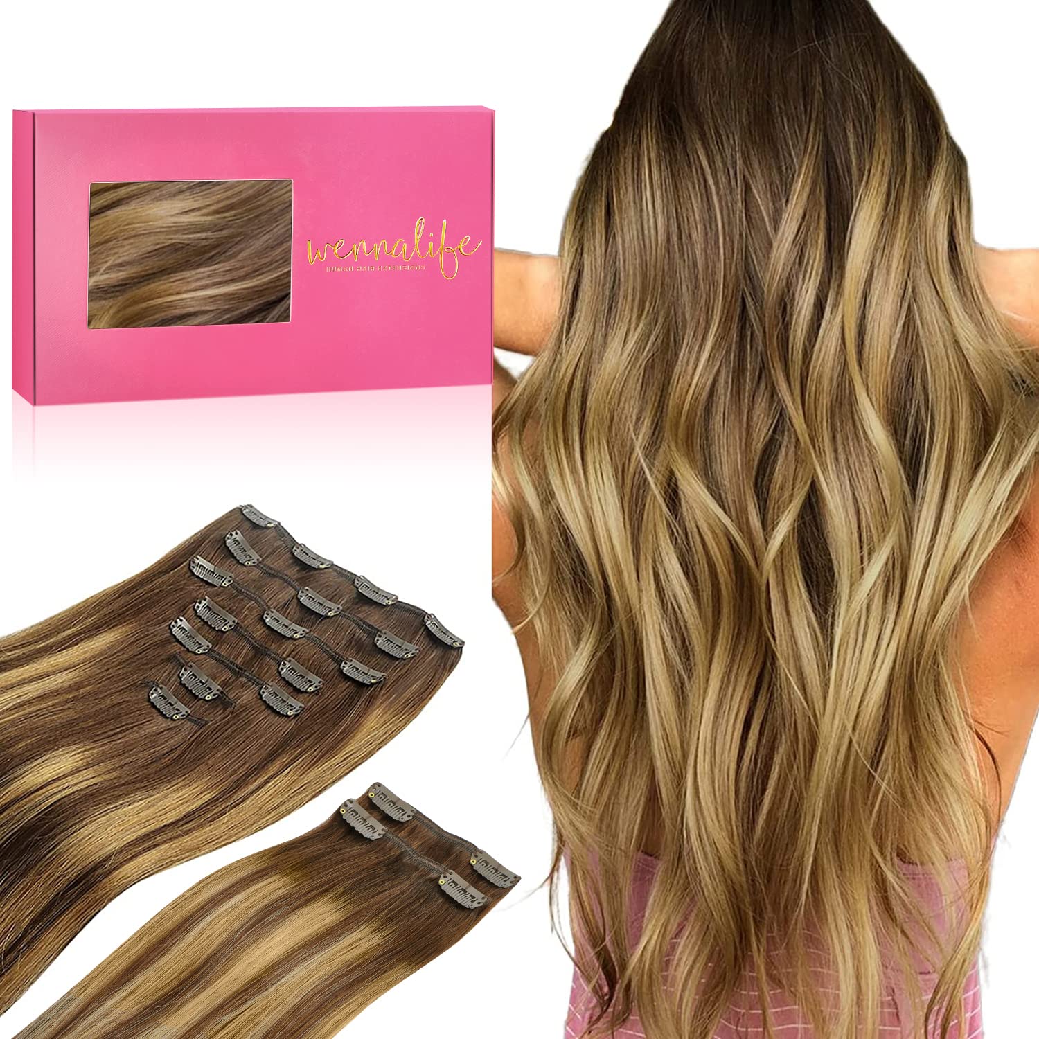 Wennalife Clip In Hair Extensions, 150G 18 Inch 9Pcs Balayage Chocolate Brown To Caramel Blonde Human Hair Extensions Thicker Cl