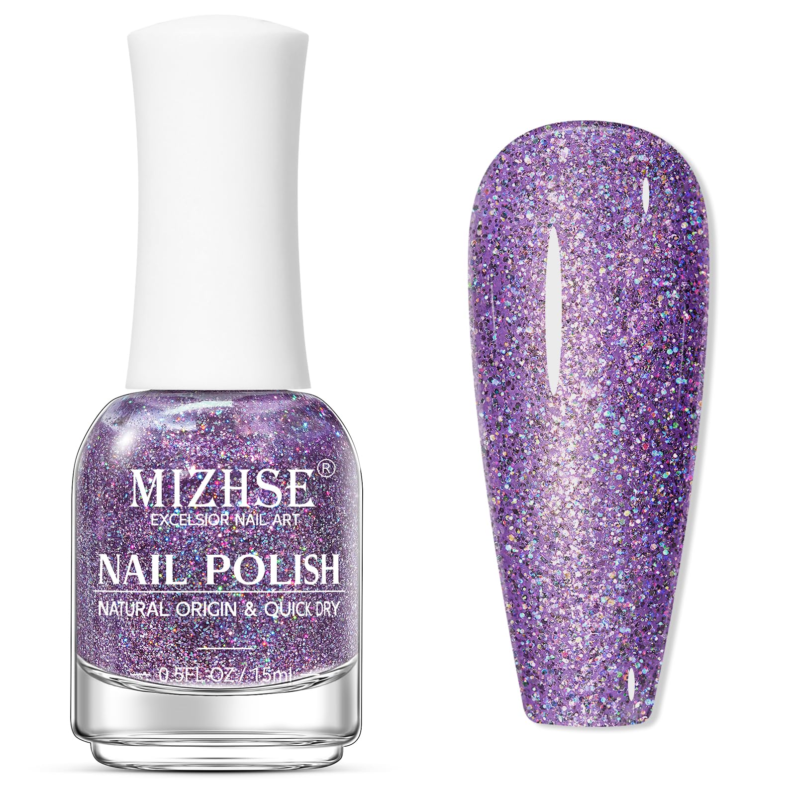 MIZHSE Air Drying Fast Nail Polish, Glitter Purple Nail Polish Non Gel Quick Dry, 15ml/0.5 fl oz Regular Sparkle Shimmery Oil-ba