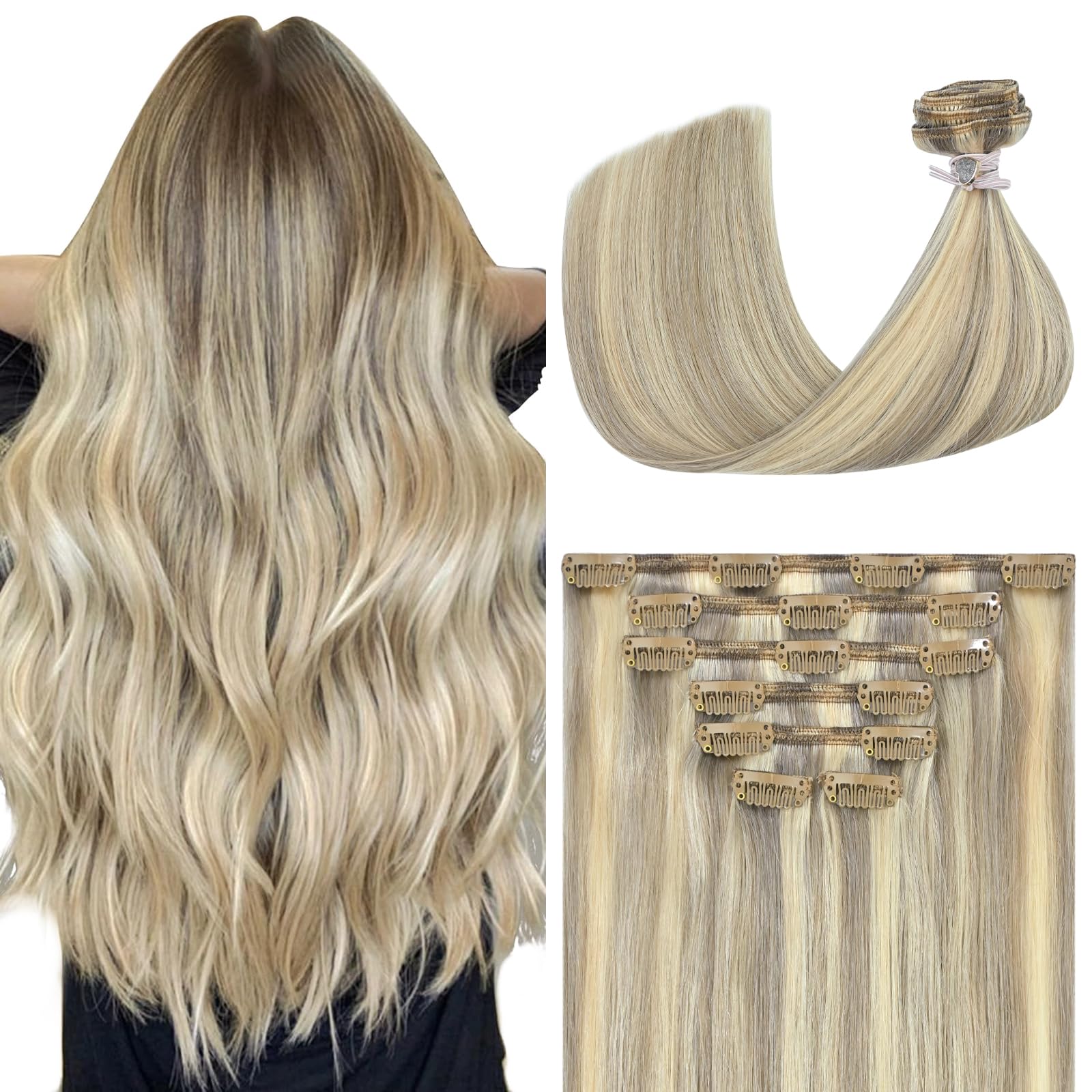 Aison Blonde Hair Extensions Clip in Real Human Hair 15 Inch Ash Blonde Mixed Bleach Blonde Hair Extensions Clip in Hair Extensi