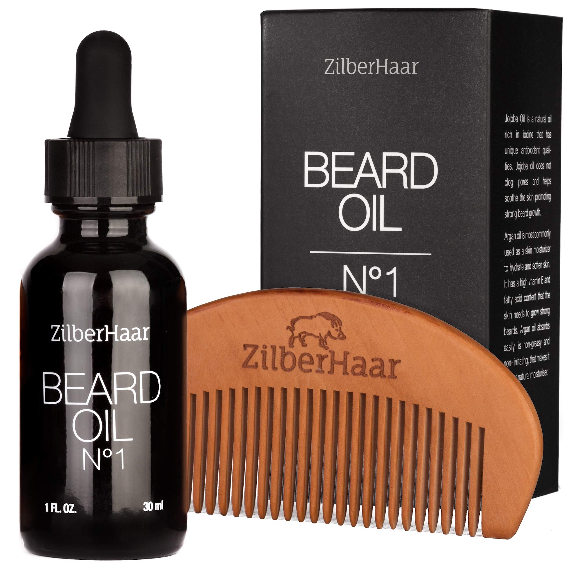 ZilberHaar Beard Oil ?1 - Pure, Organic Moroccan Argan and Jojoba Oil for Natural Beard Growth and Hydration - 1 oz - Free Beard