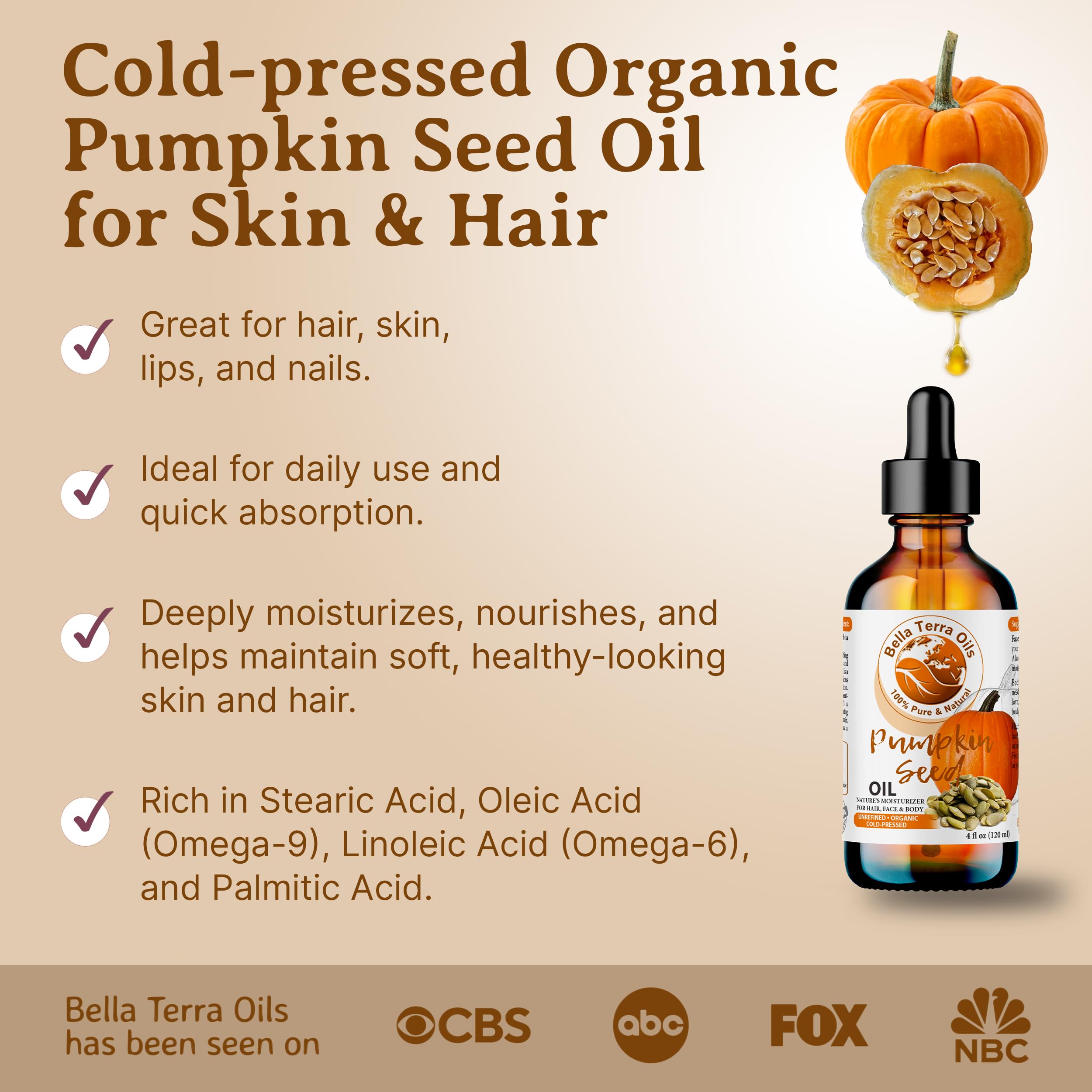 Bella Terra Oils - Organic Pumpkin Seed Oil 4oz - A Rendezvous with Organic Pumpkin's Nutritional Delight, Abundant in Vitamin C