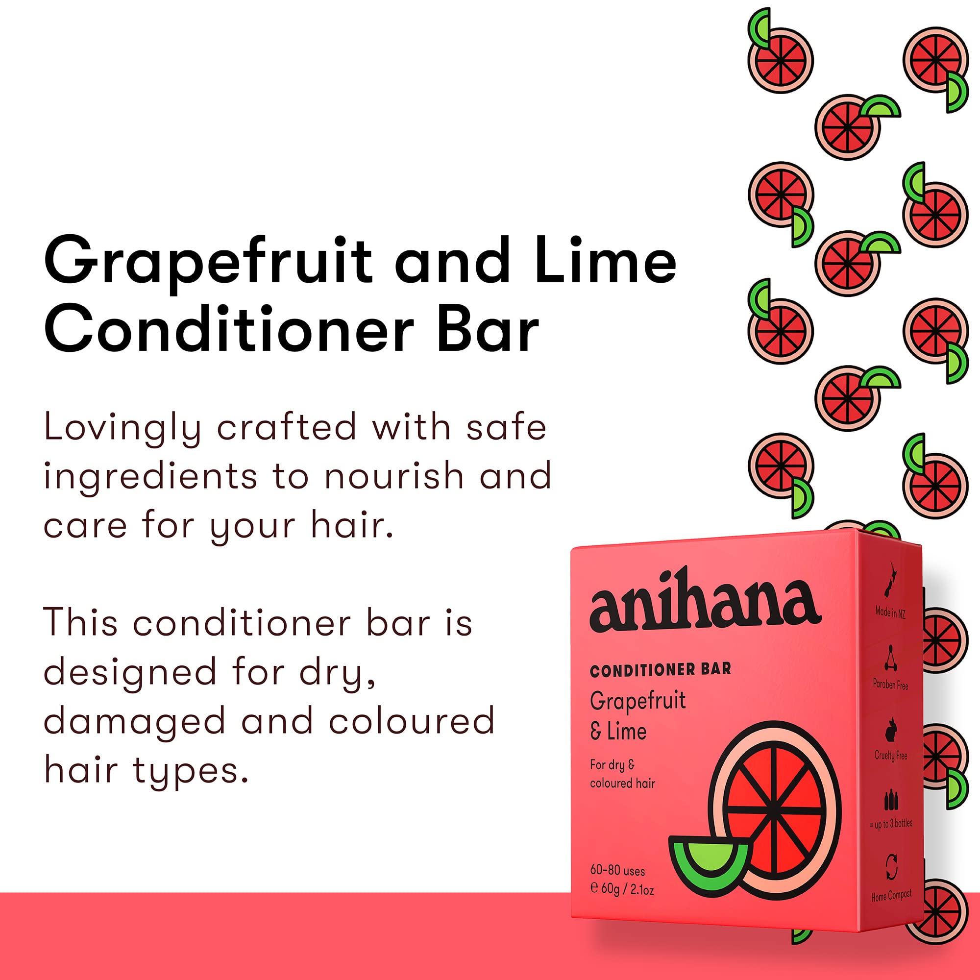Anihana Conditioner Bar For Dry, Damaged & Colored Hair Types Paraben Free Cruelty Free Refreshing Grapefruit And Lime Scent 2.1