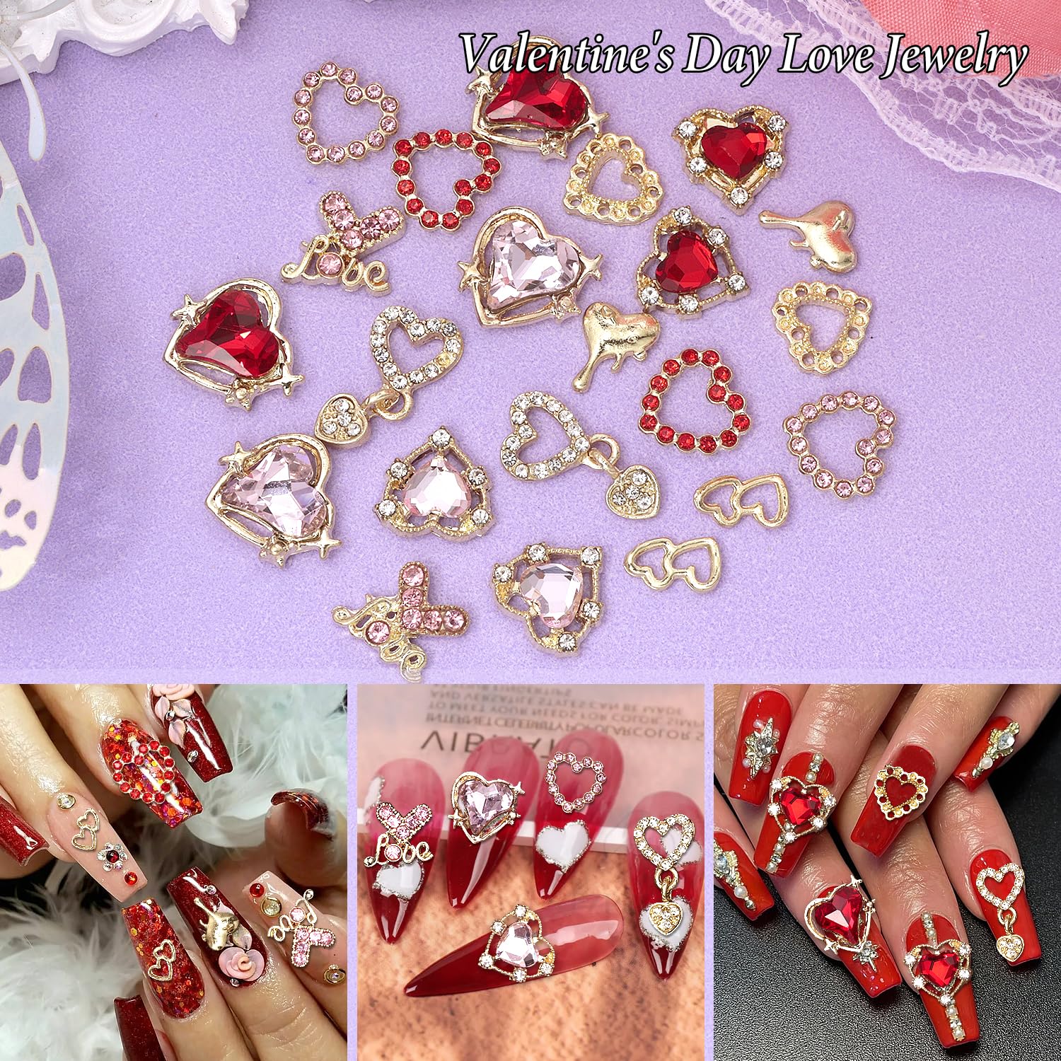 220 Pcs Valentines Heart Nail Charms, Heart Nail Rhinestone And Charms, Pink Red Heart Bows Nail Charm, Y2K Nail Charms Gems, Na