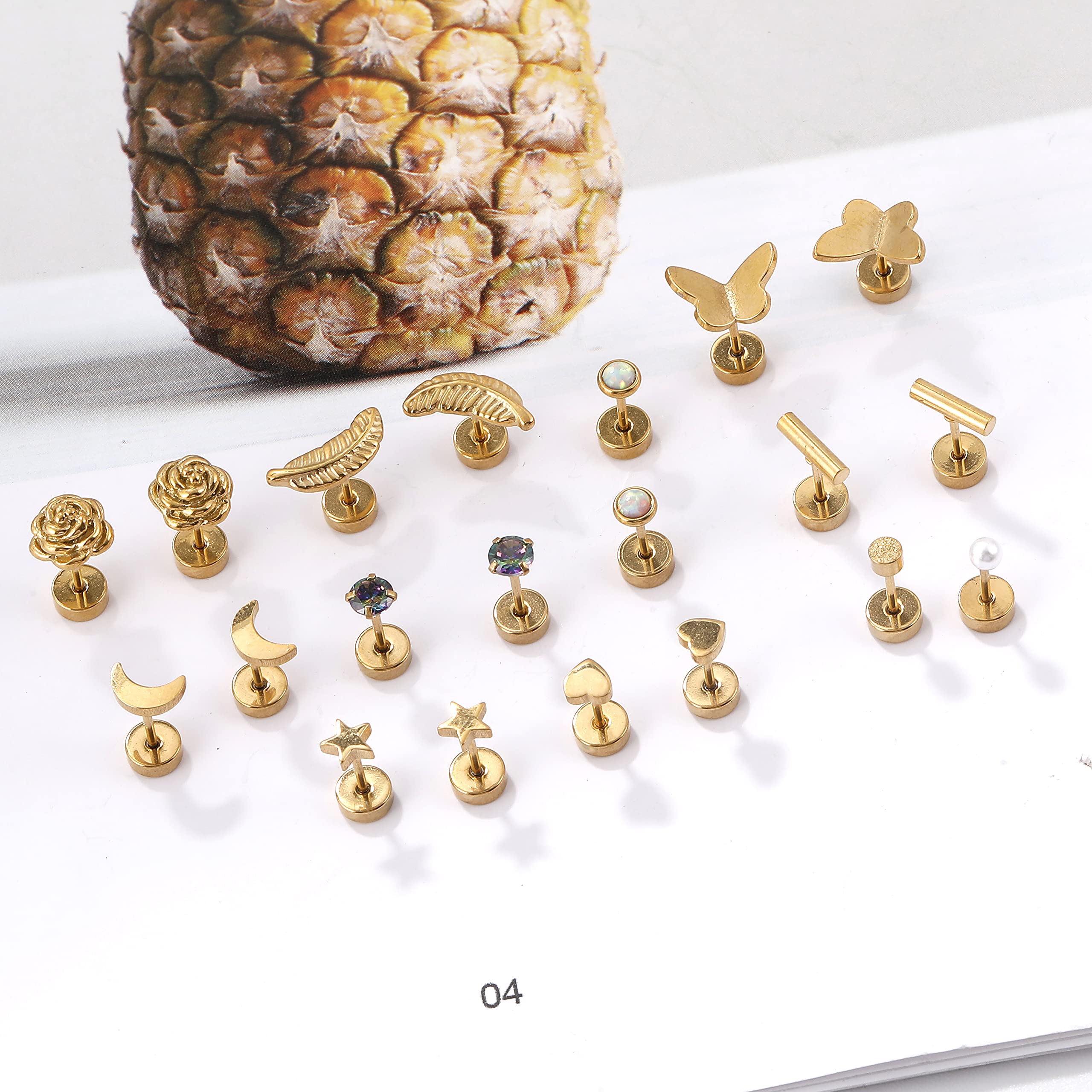 18 Pairs Stainless Steel Stud Earrings Set for Women Men Star Moon flower Heart Leaf Opal 20G Cartilage Earrings Hypoallergenic