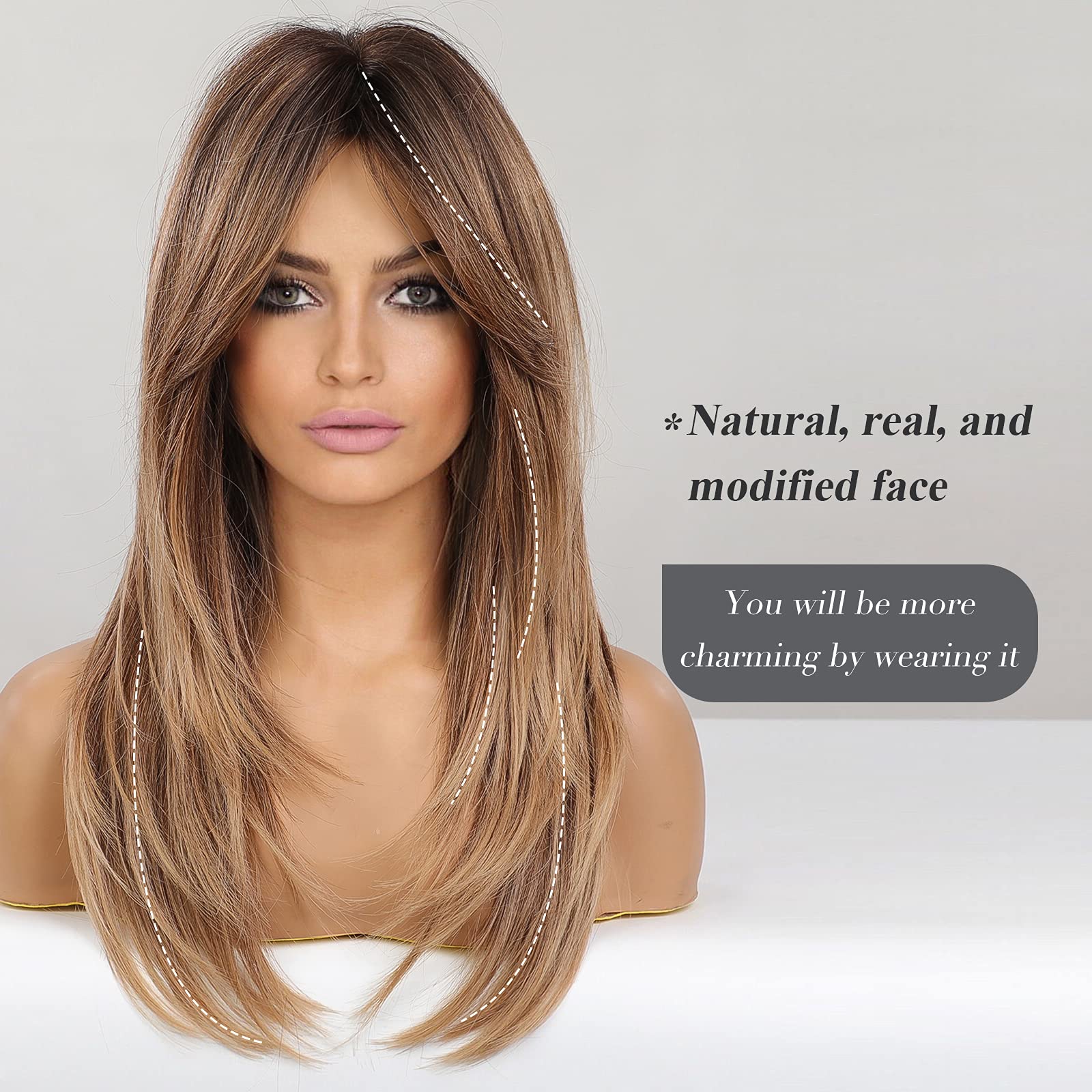 HAIRCUBE Long Ombre Brown Layered Synthetic Curly Wig - 23 Inch, Middle Parting, Women's Hairpiece