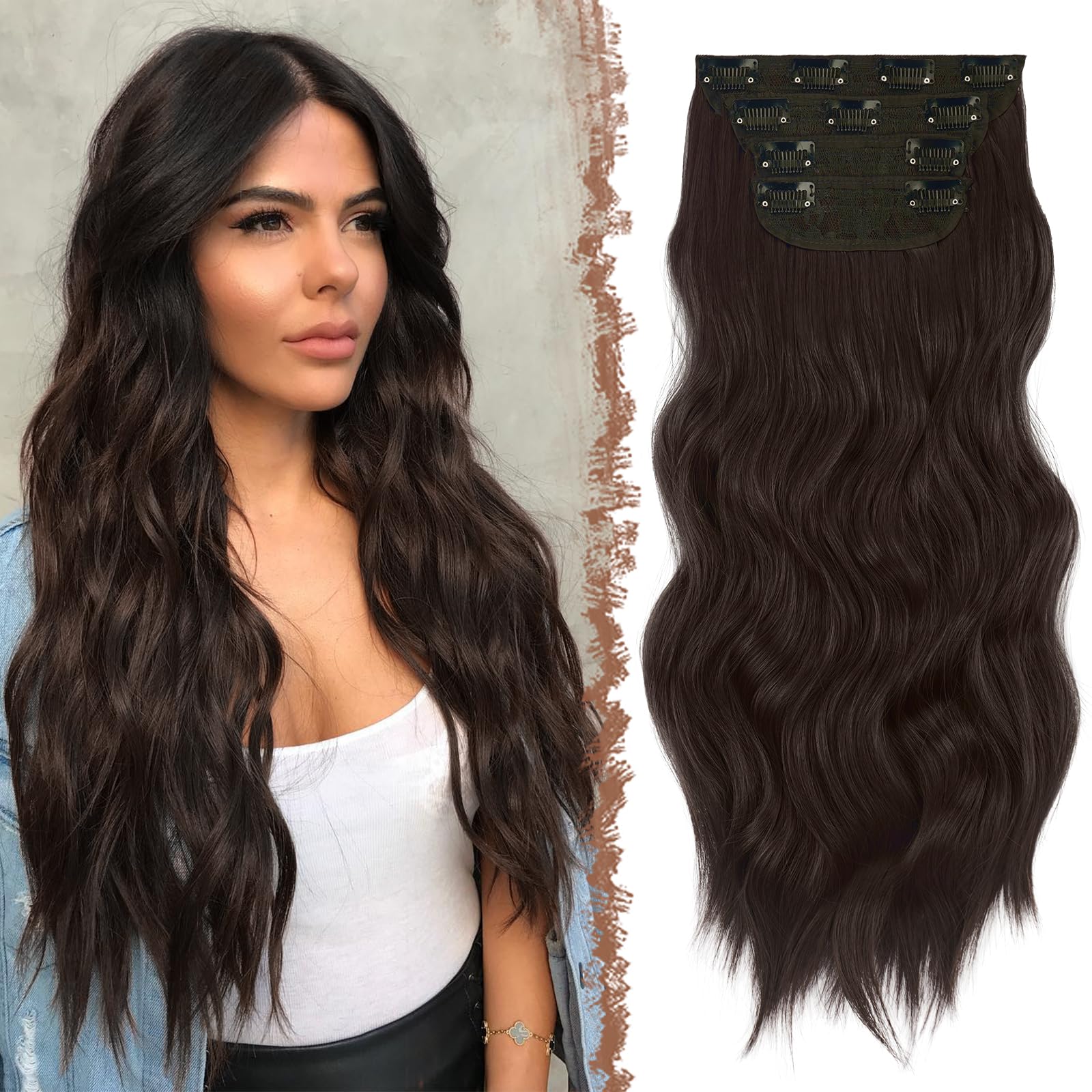 FESHFEN Clip in Hair Extensions - 4 PCS Long Wavy Thick Clip in Hairpieces Full Head Synthetic Hair Extension for Women, Dark Br