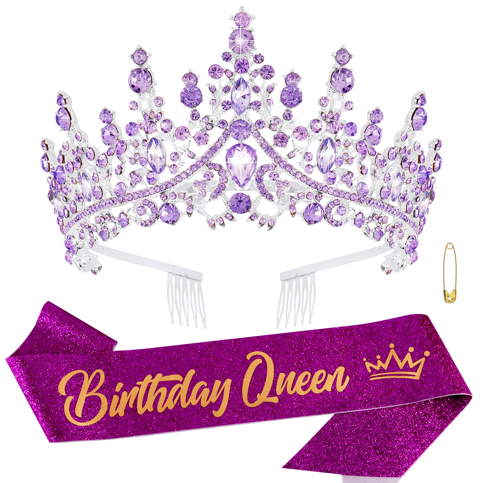 ATODEN Birthday Queen Sash Purple Tiara Crown Tiaras and Crowns for Women Girls Crystal Princess Tiara Rhinestone Headbands Quin