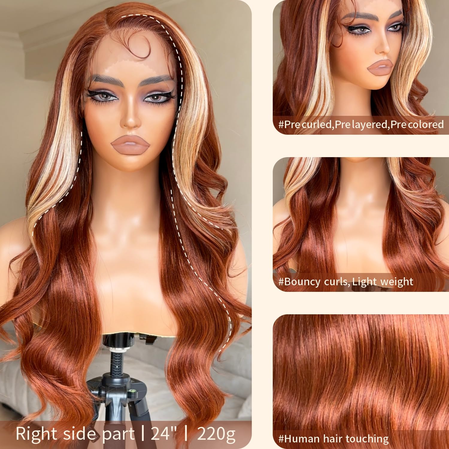 Brownbomb Ginger Skunk Stripe Wig Lace Front Wig, Ginger Brown Skunk Stripe Lace Front Wig Pre Plucked Ready To Wear, Synthetic