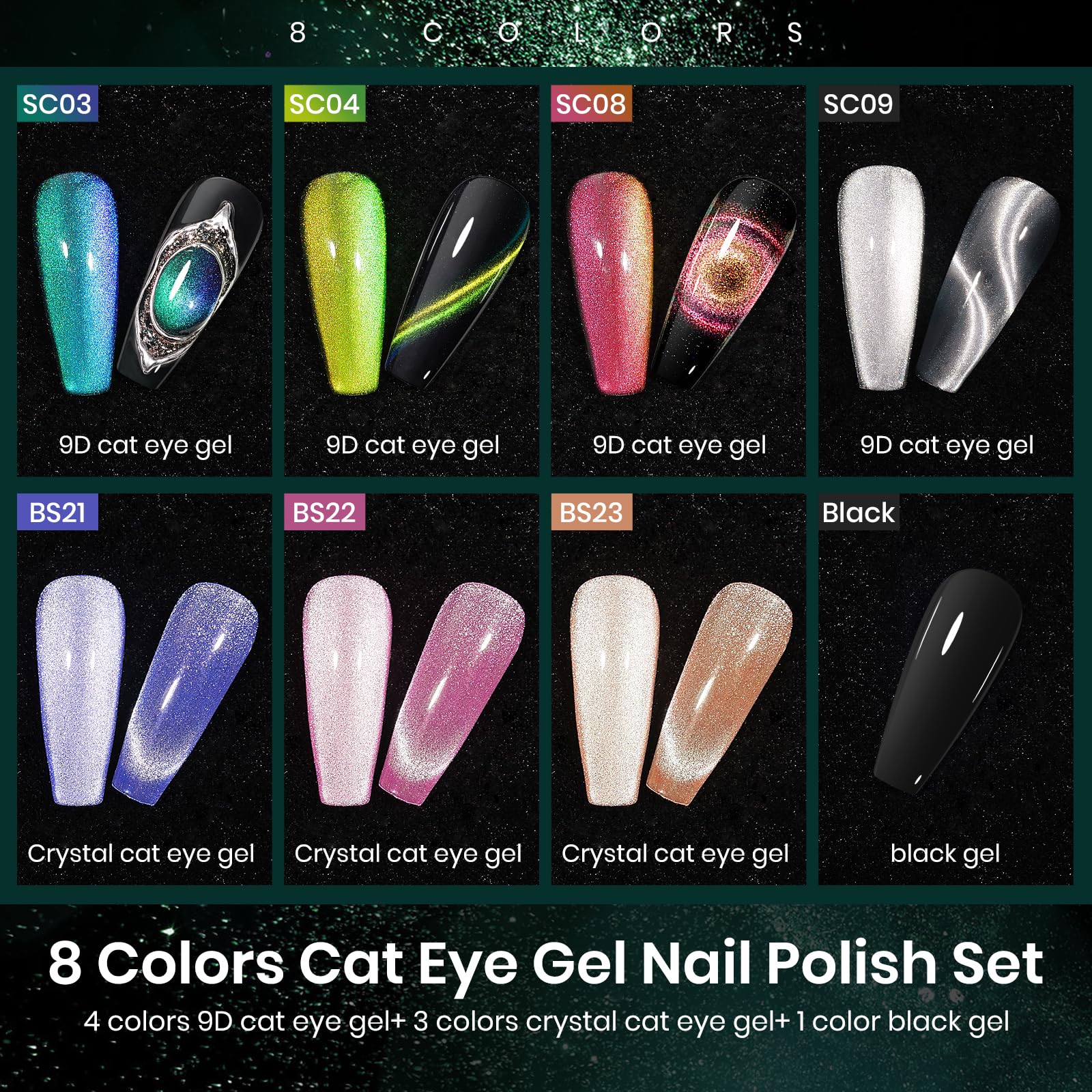 Mizhse Cat Eye Gel Nail Polish Set 8 Colors With Magnet Stick: 9D Cat Eye Gel Polish And Shiny Wide Cat Eye Gel Set, Classic Hol