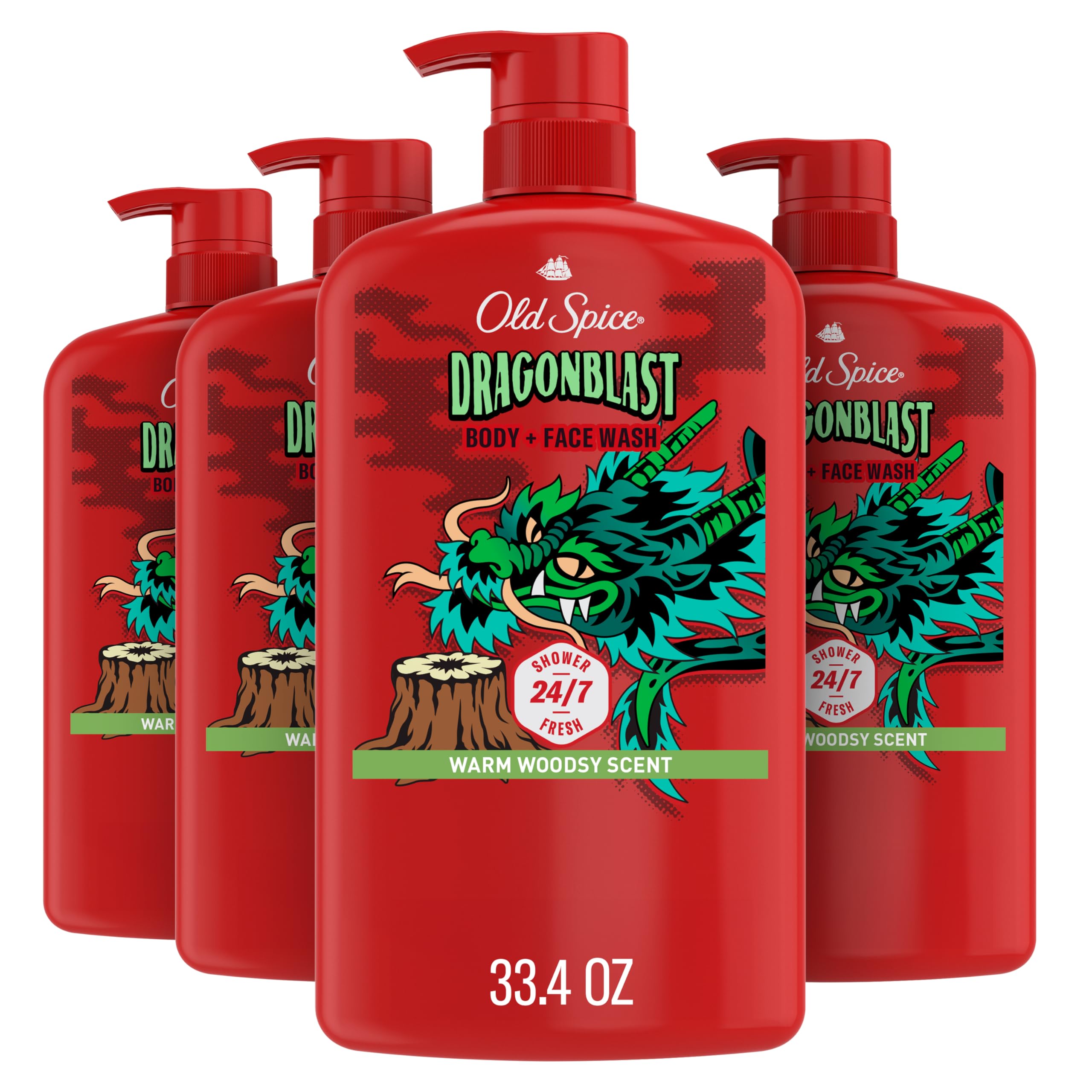 Old Spice Body Wash for Men, 3X Defense, 24/7 Shower Fresh with Long Lasting Lather, Dragonblast Scent, 33.4 fl oz (Pack of 4)