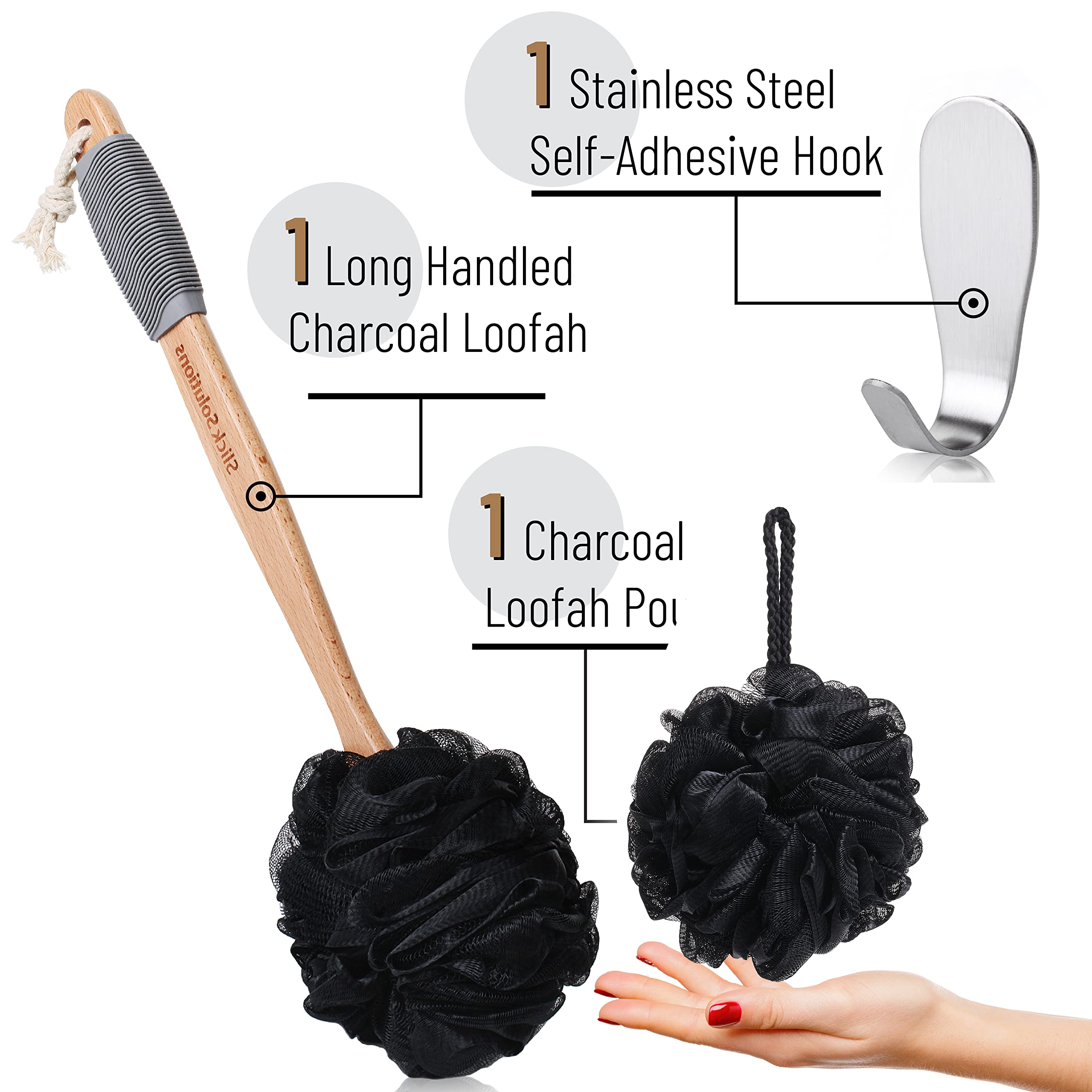 Slick- Loofah With Handle, Loofah Back Scrubber, Back Loofah, Loofah Brush With Long Handle, Loofah On A Stick, Shower Loofah Wi
