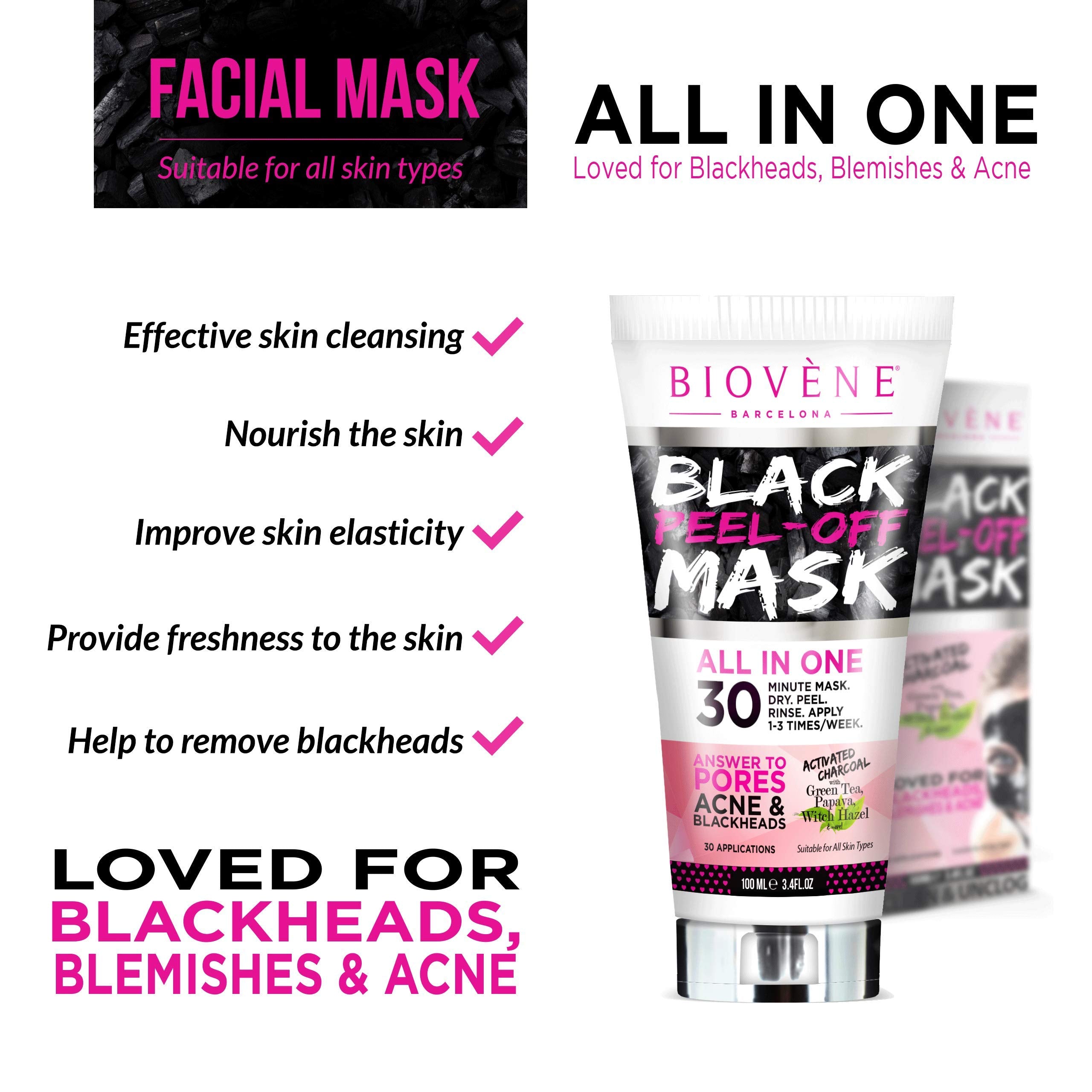 Biov?ne Black Peel-Off Mask, 3.4 oz Tube, Black Face Mask to Combat Acne, Blemishes and Blackheads with Activated Charcoal, Aloe