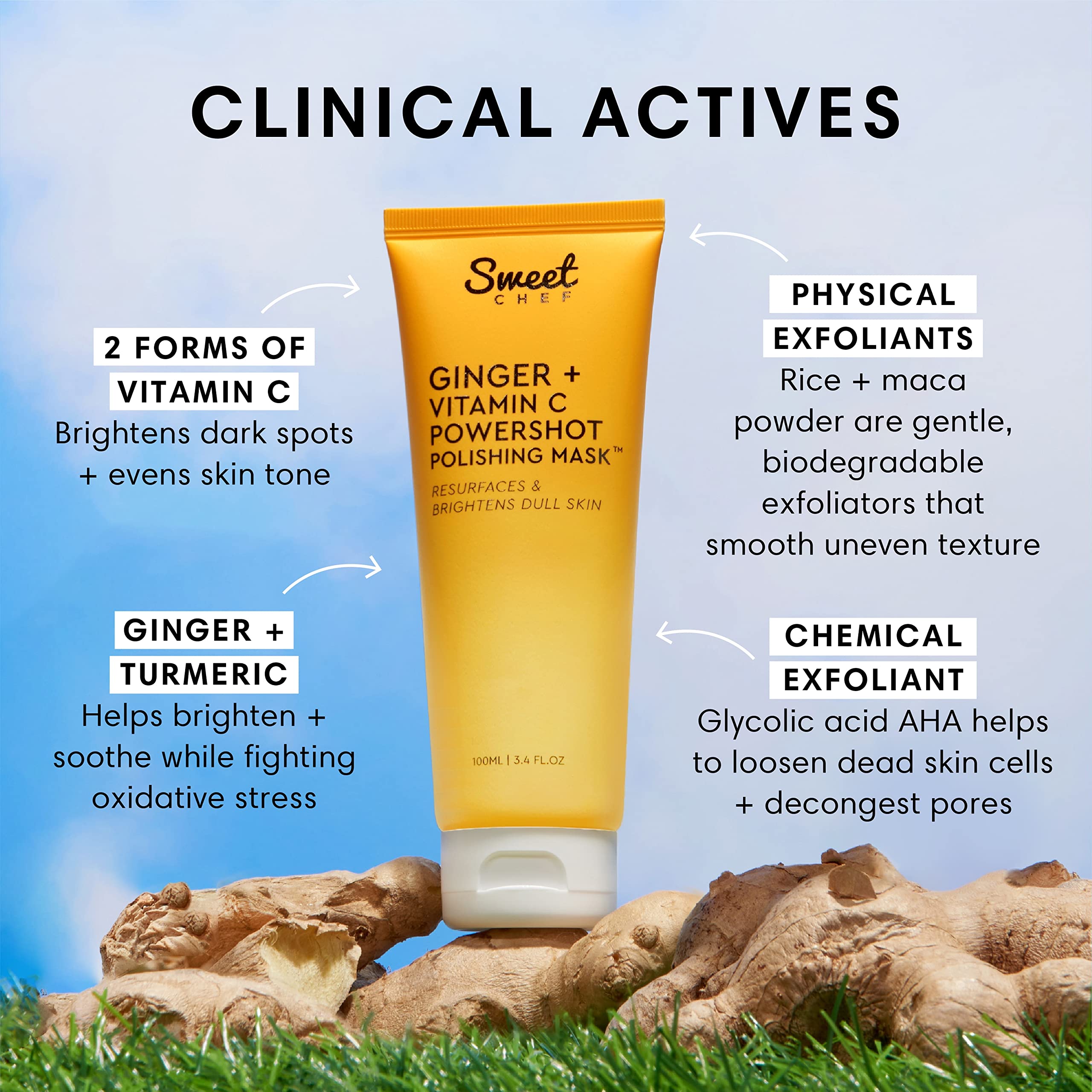 Sweet Chef Ginger + Vitamin C Powershot Polishing Mask - Brightening Face Mask for Dark Spots & Uneven Skin Tone + Maca, Rice Po