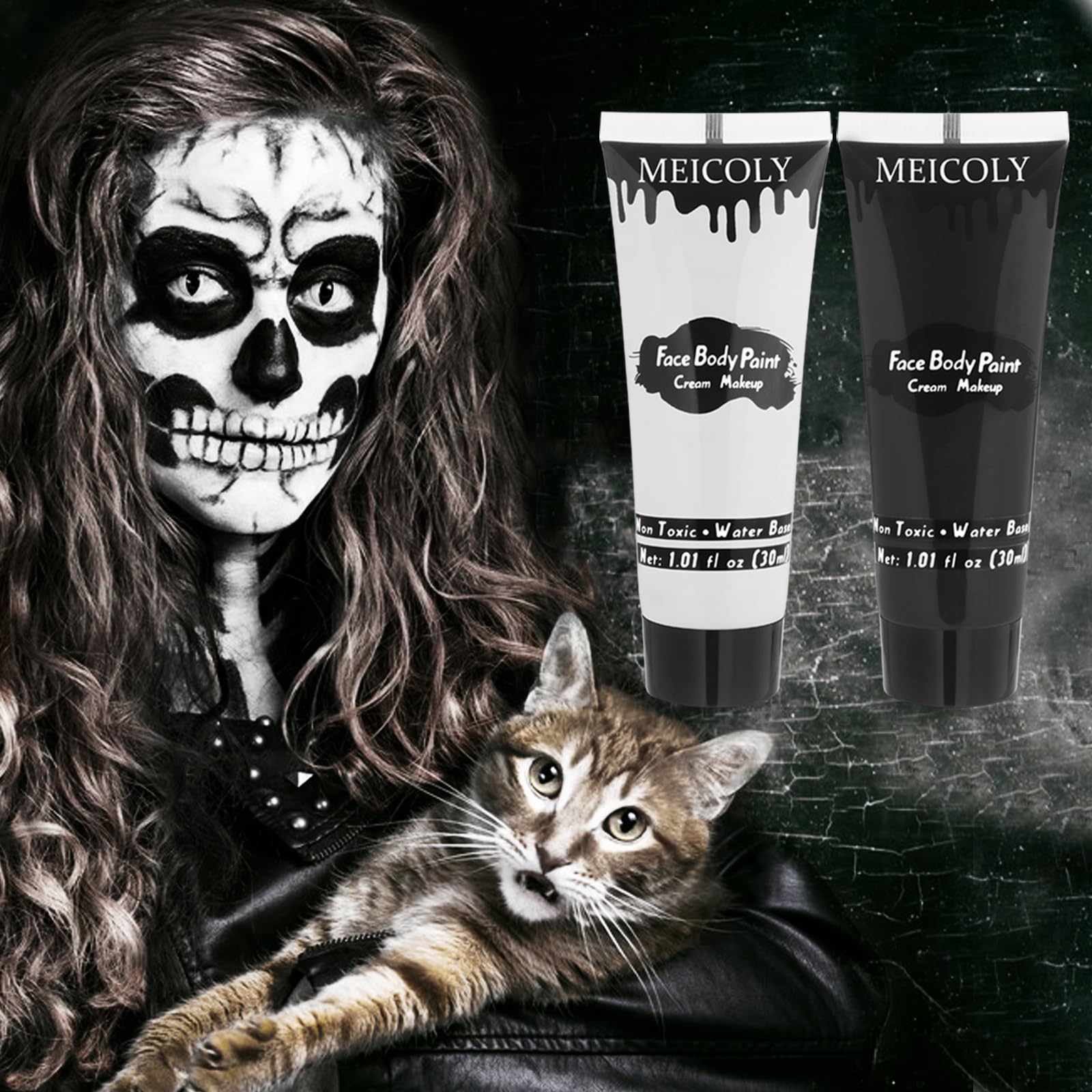 Meicoly Black White Face Body Paint With Sponges,Water Based Face Paint For Adults And Kids,Cream Body Paint,Face Painting For C