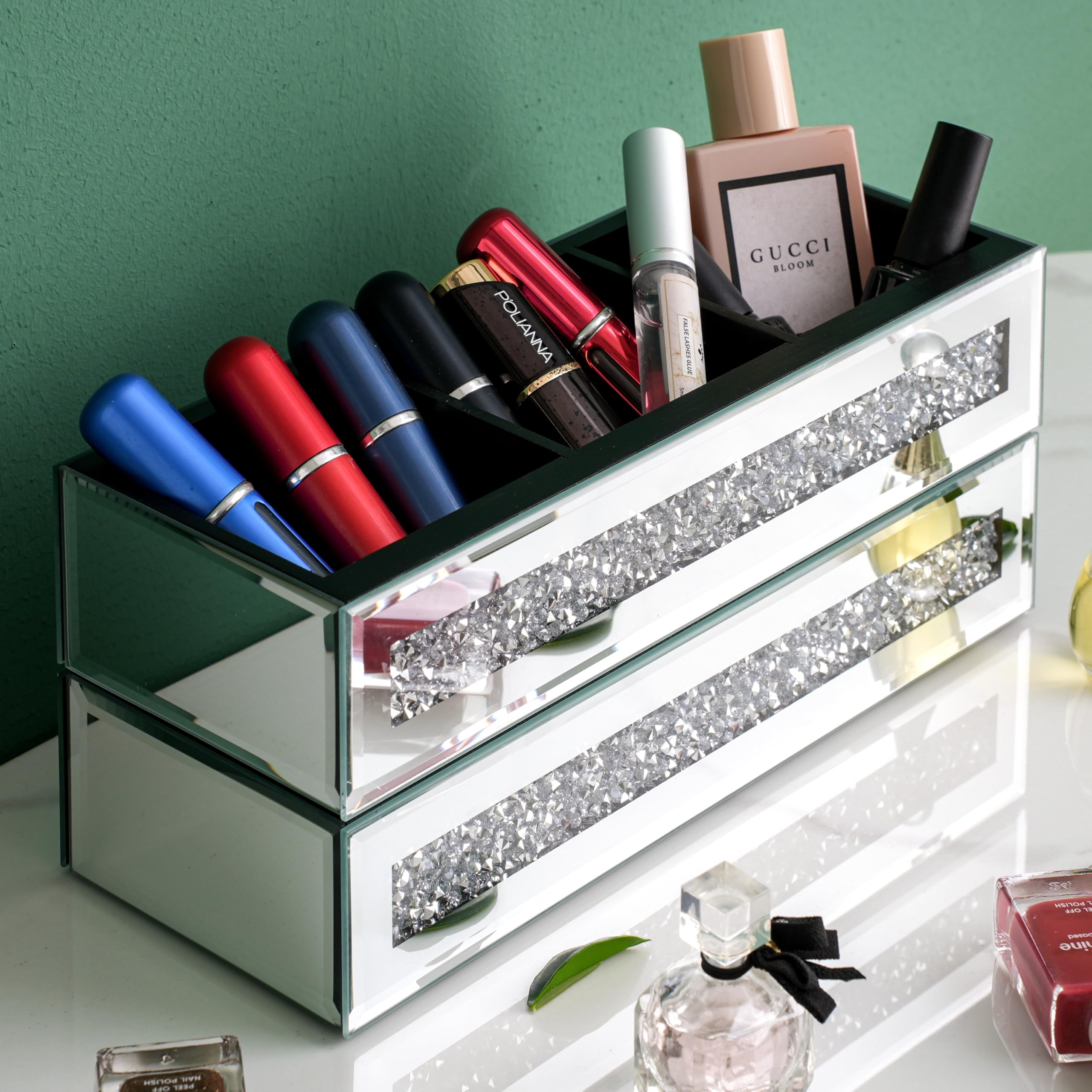 Shyfoy 2 Pack Mirrored Makeup Organizer Tray For Vanity Decor, 3 Compartment Crushed Diamond Bathroom Counter Tray Vanity Drawer