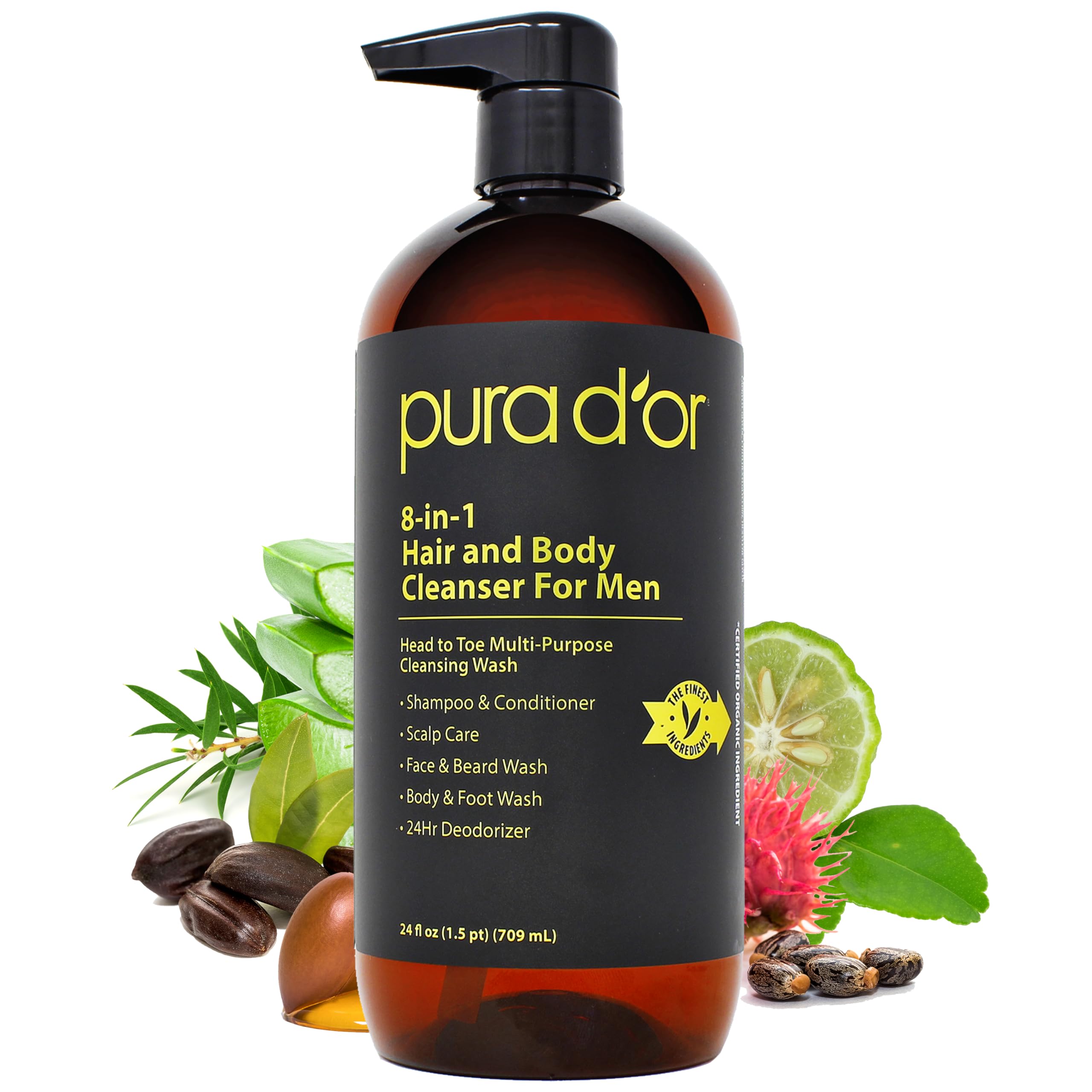 PURA D'OR 24 Oz 8-in-1 Hair & Body Cleanser For Men - Sulfate-Free, Multi-Use Wash for Hair, Face, Beard & Body, with Organic Al