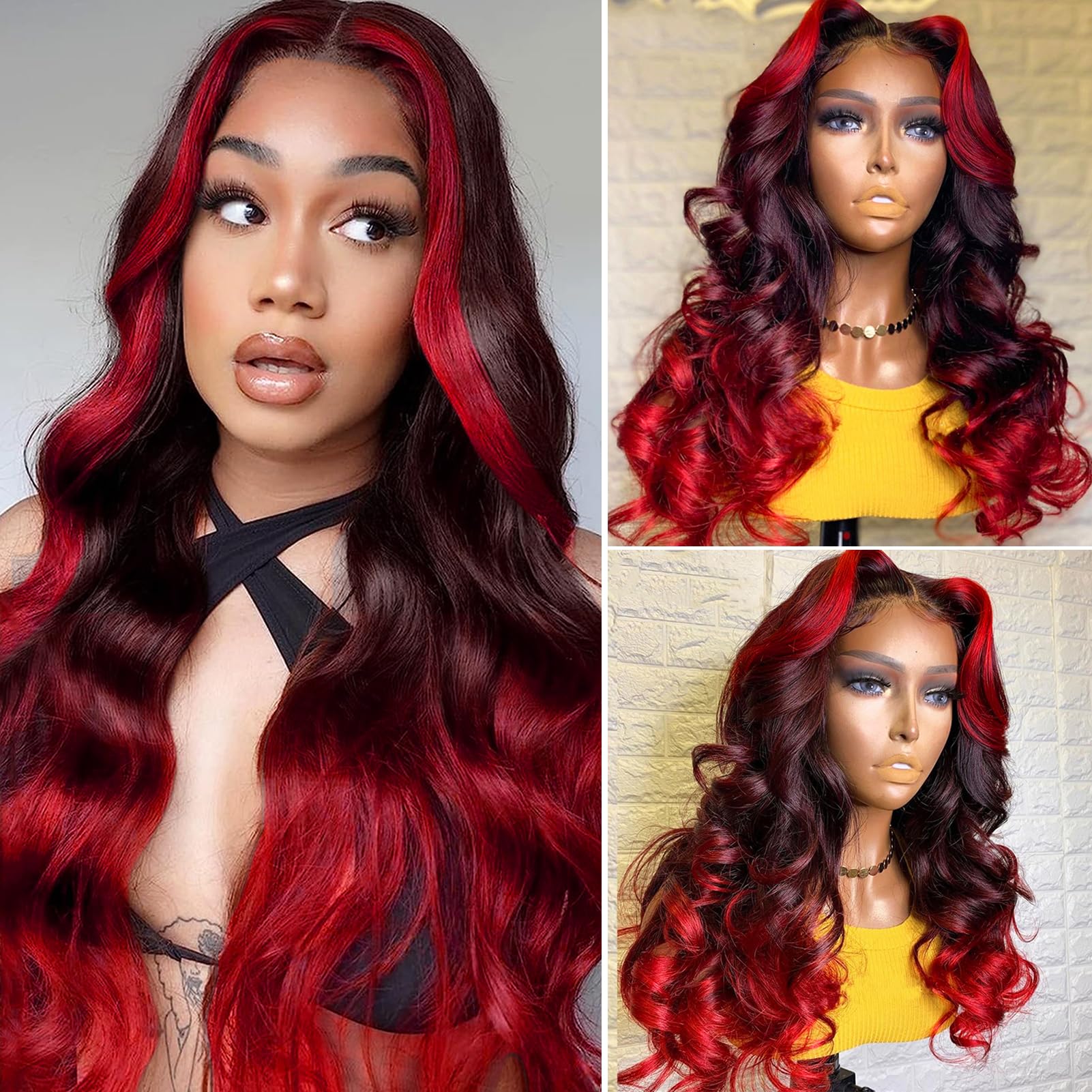 Yms Black And Red Wig Human Hair Ombre Red Hd Lace Front Wigs Human Hair 180% Density Wigs For Women Body Wave Glueless Wigs Hum