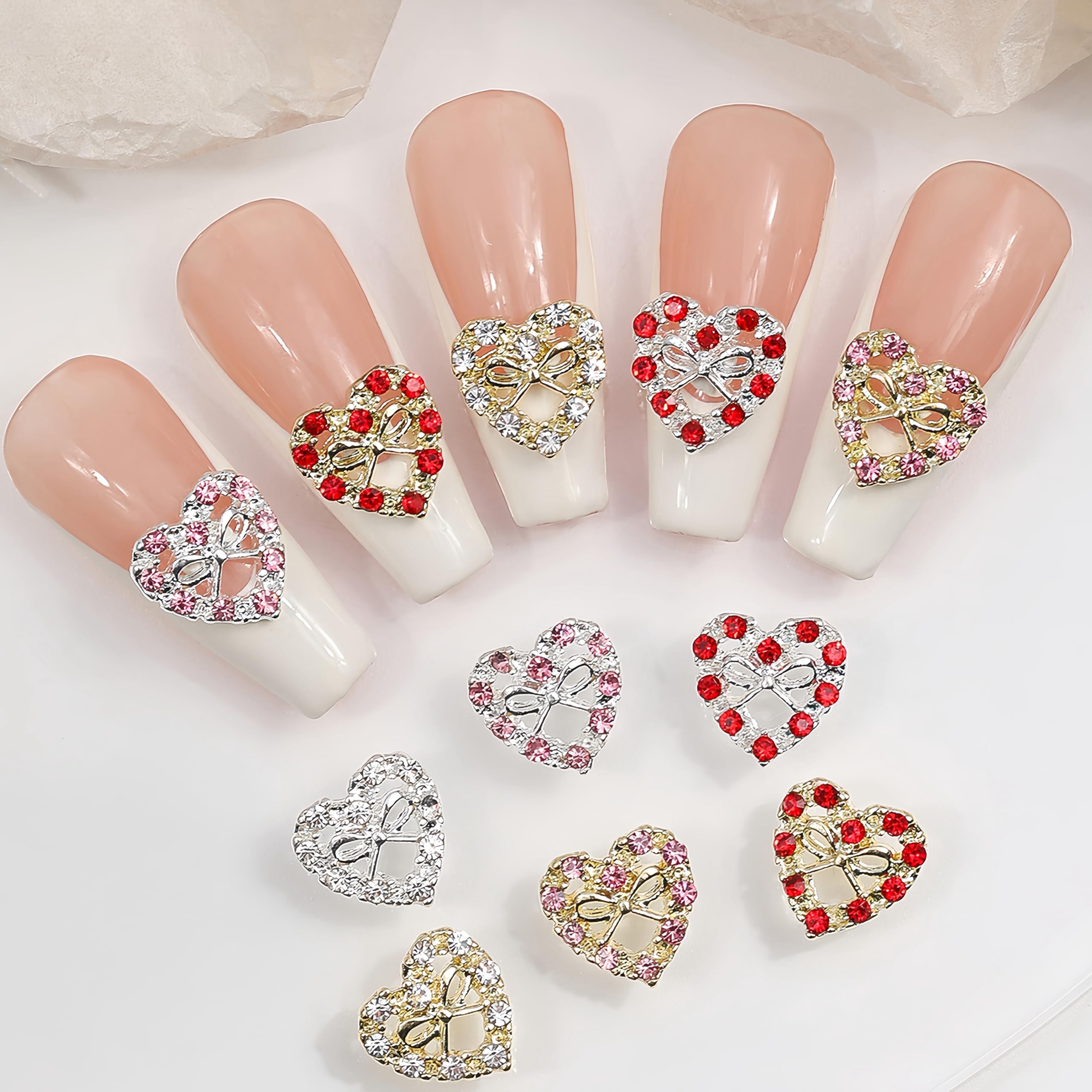 18Pcs Alloy Heart Nail Rhinestones for Acrylic Nails Valentines Nail Charms Gold Silver Bows Charms Red Pink Jewelry Design Love