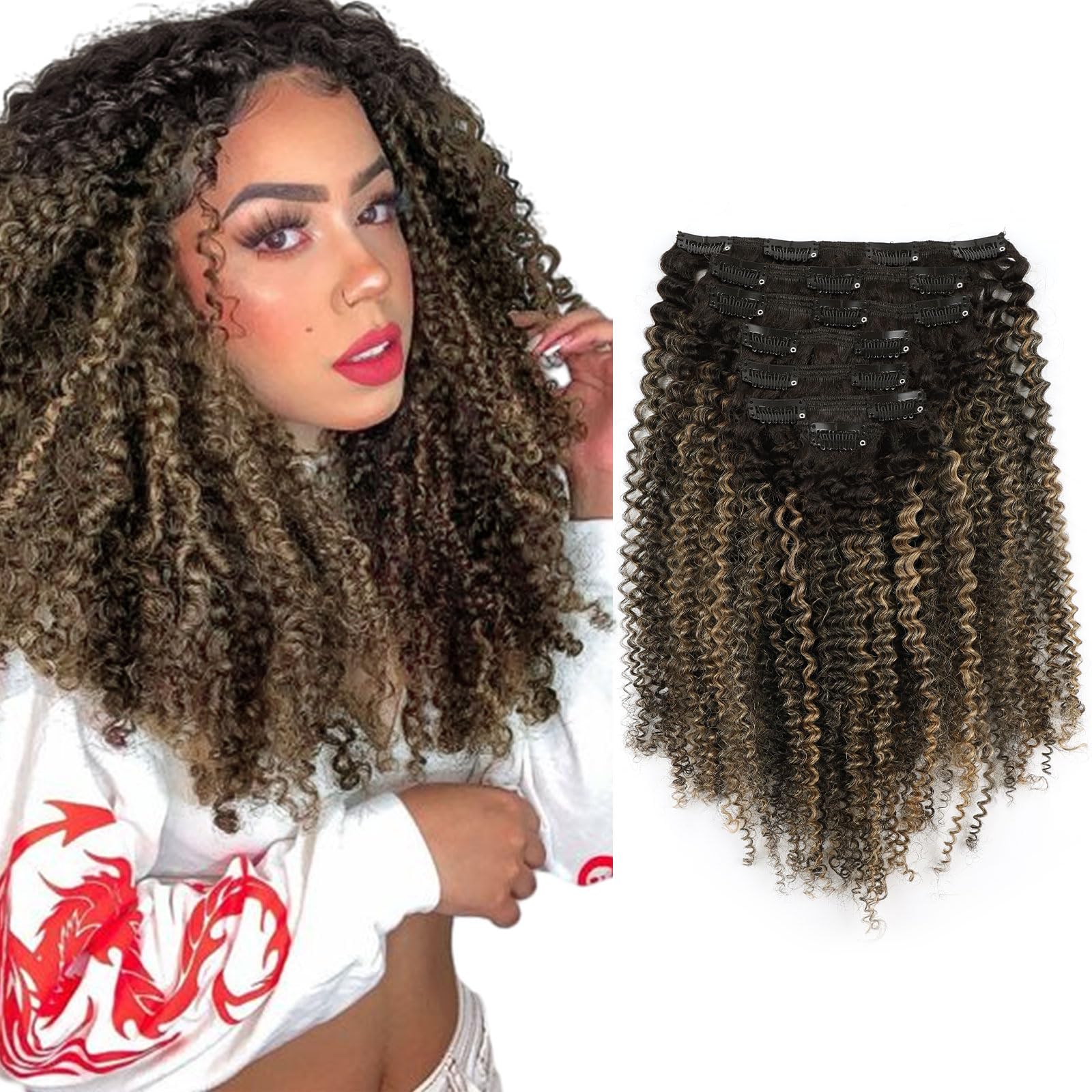 Sassina Afro Curly Clip in Human Hair Extensions for Black Women Natural Black to Strawberry Blonde Remy Clip in Hair Extensions