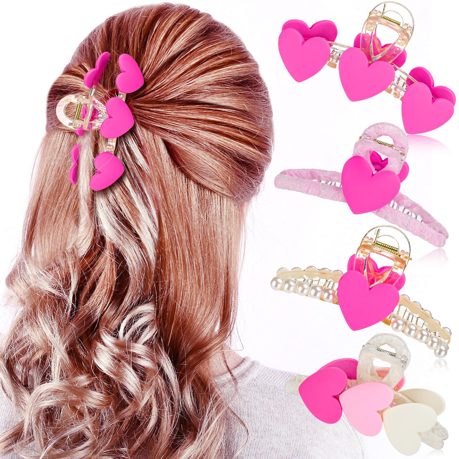 Yuxung 4 Pcs Valentine's Day Heart Hair Claw Clips for Women Hot Pink Strong Hold Hair Jaw Clip Pearl Heart Hairpins Sweet Lovel