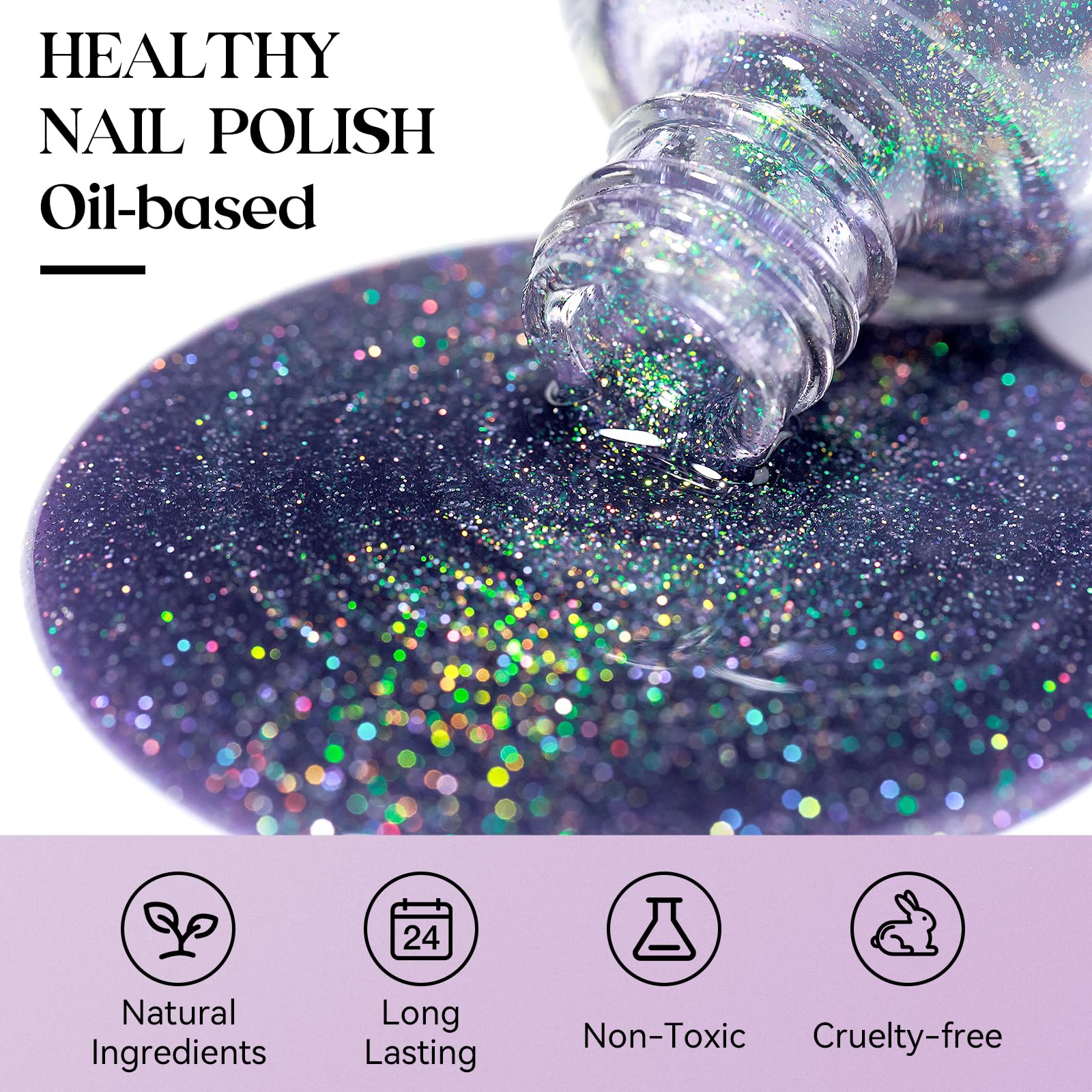 Mizhse Quick Dry Nail Polish, Holographic Neon Purple Nail Polish Air Dry Fast, 15Ml/0.5 Fl Oz Regular Sparkle Shimmery Oil-Base