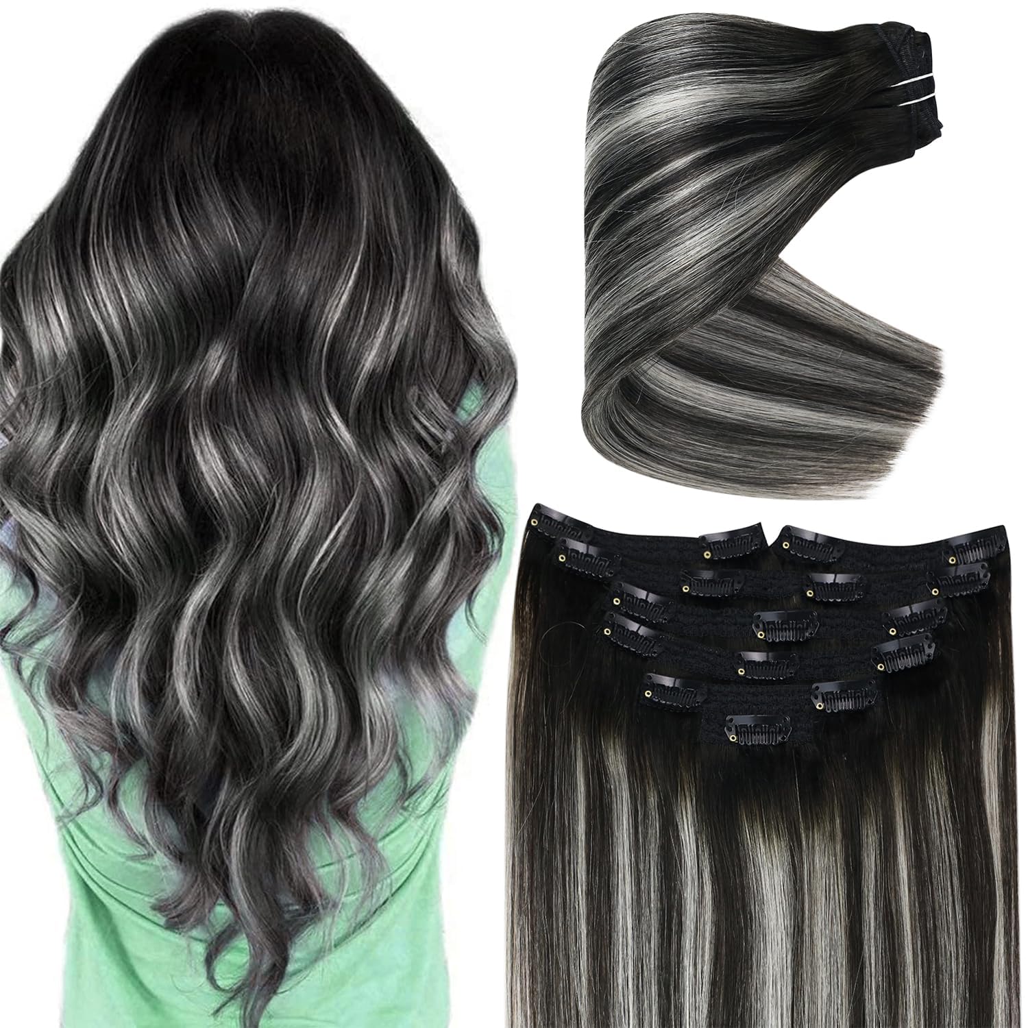 Ve Sunny Human Hair Clip In Extensions Black Ombre Clip In Hair Extensions For Women Balayage Clip Hair Extensions Real Human Ha