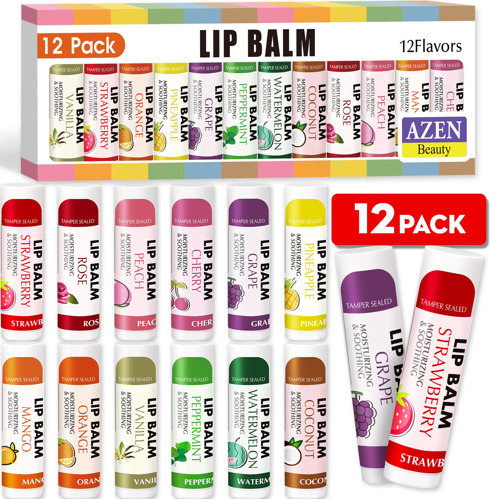AZEN 12 Pack Lip Balm, Natural Lip Balm Bulk, Lip Care Product, Moisturizing Lip Balm for dry cracked lips - 12 Flavors