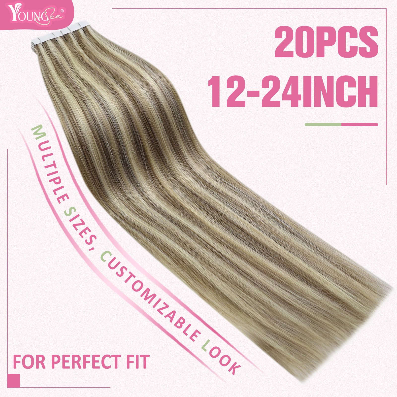 YoungSee Tape in Extensions Human Hair Highlights 20 Inch Blonde and Light Brown Hair Extensions 20pcs 50g Real Hair Tape in Ext