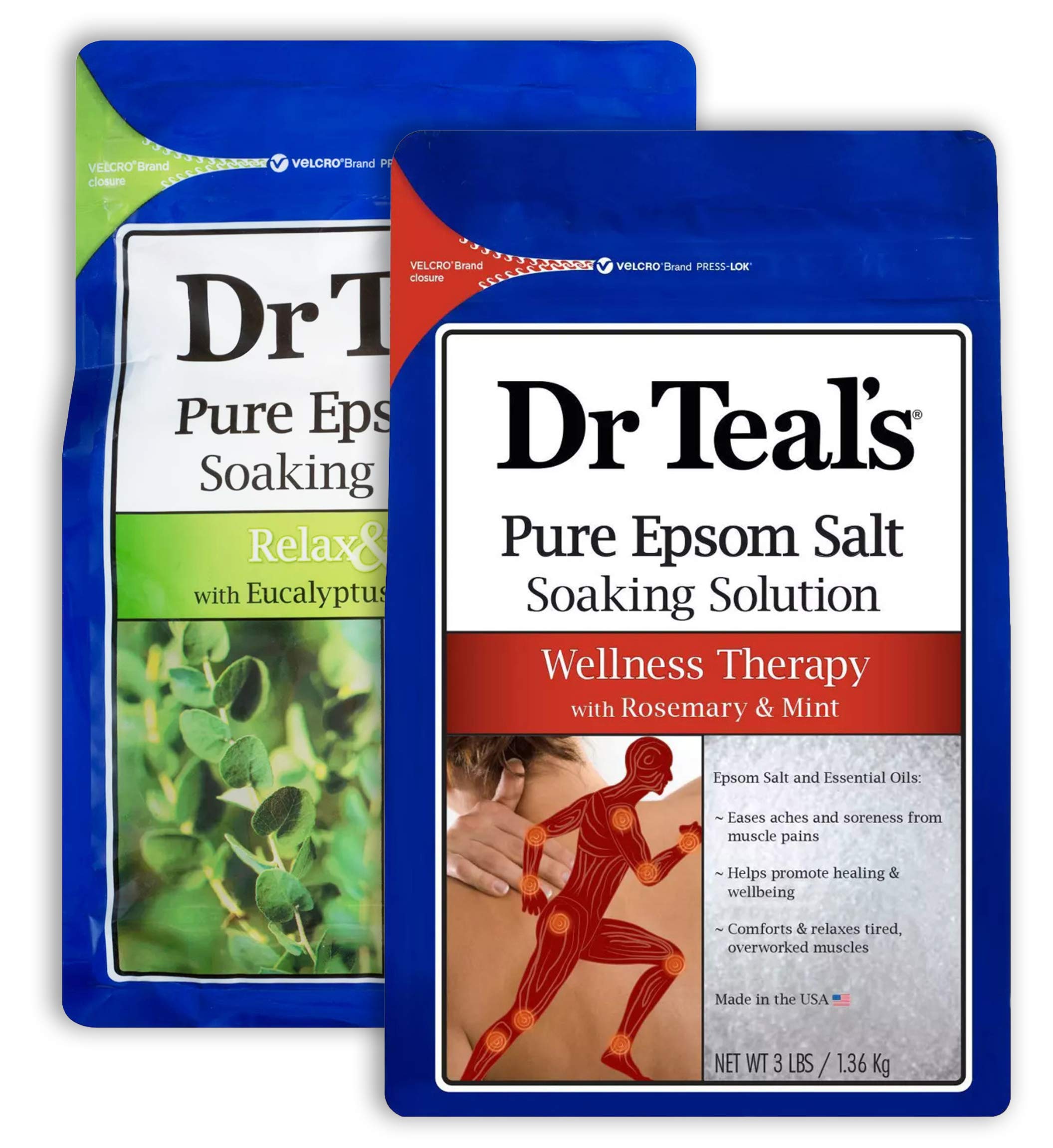 Dr. Teal's Salt Bath Soak Variety Gift Set (2 Pack, 3lbs Ea.) - Relax & Relief Eucalyptus & Spearmint, & Wellness Therapy Rosema
