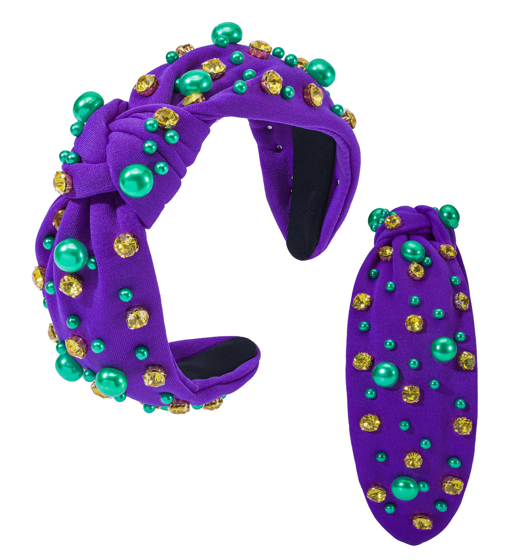 Mixcbe Hairband, Mardi Gras Headband for Women Holiday Purple Green Yellow Pearl Crystal Jeweled Knotted Purple Hairband Outfits