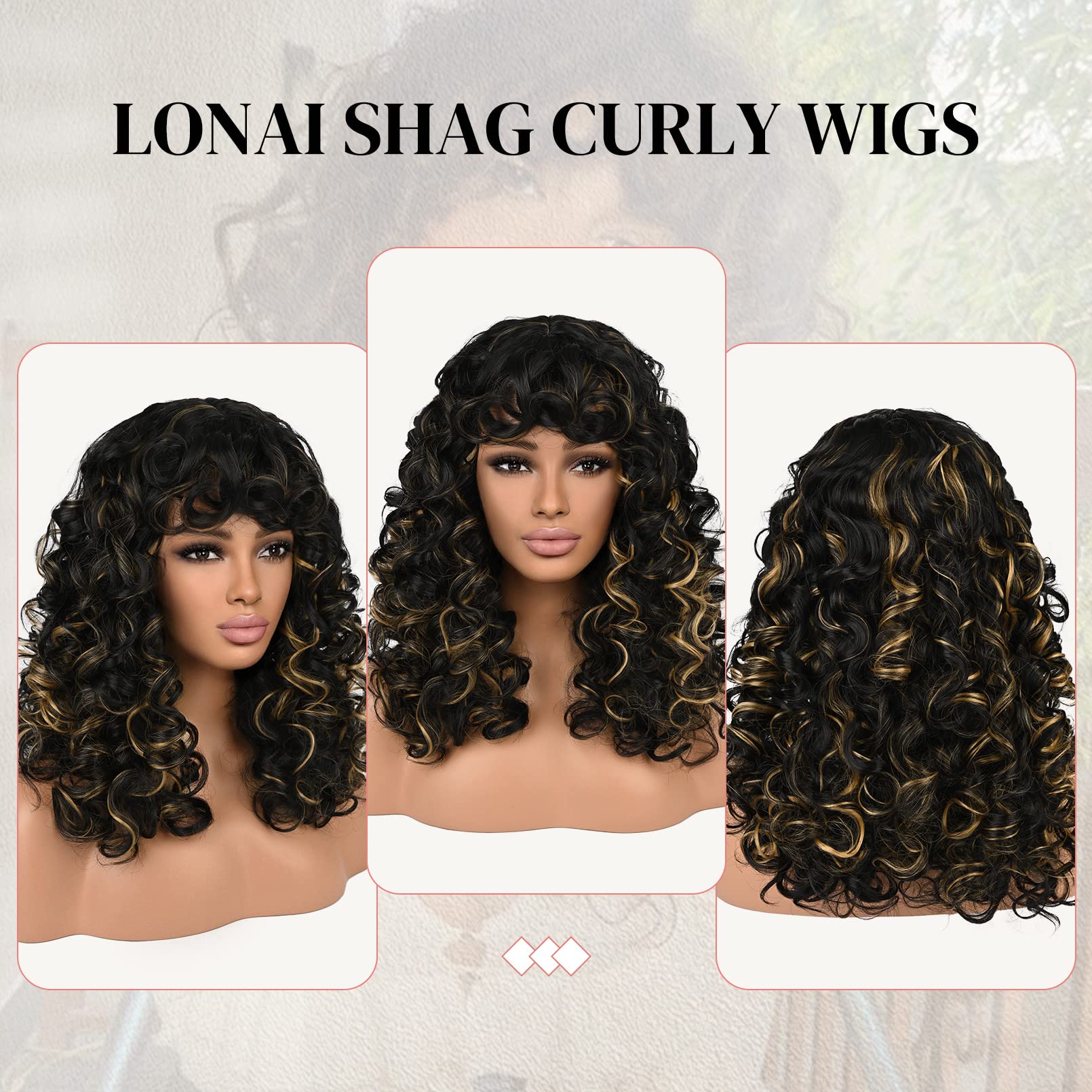 LONAI Curly Wig with Bangs for Women Long Black Hair Kinky Wigs with Golden Blonde Highlights WIG001 Curly Shag Synthetic Wig fo