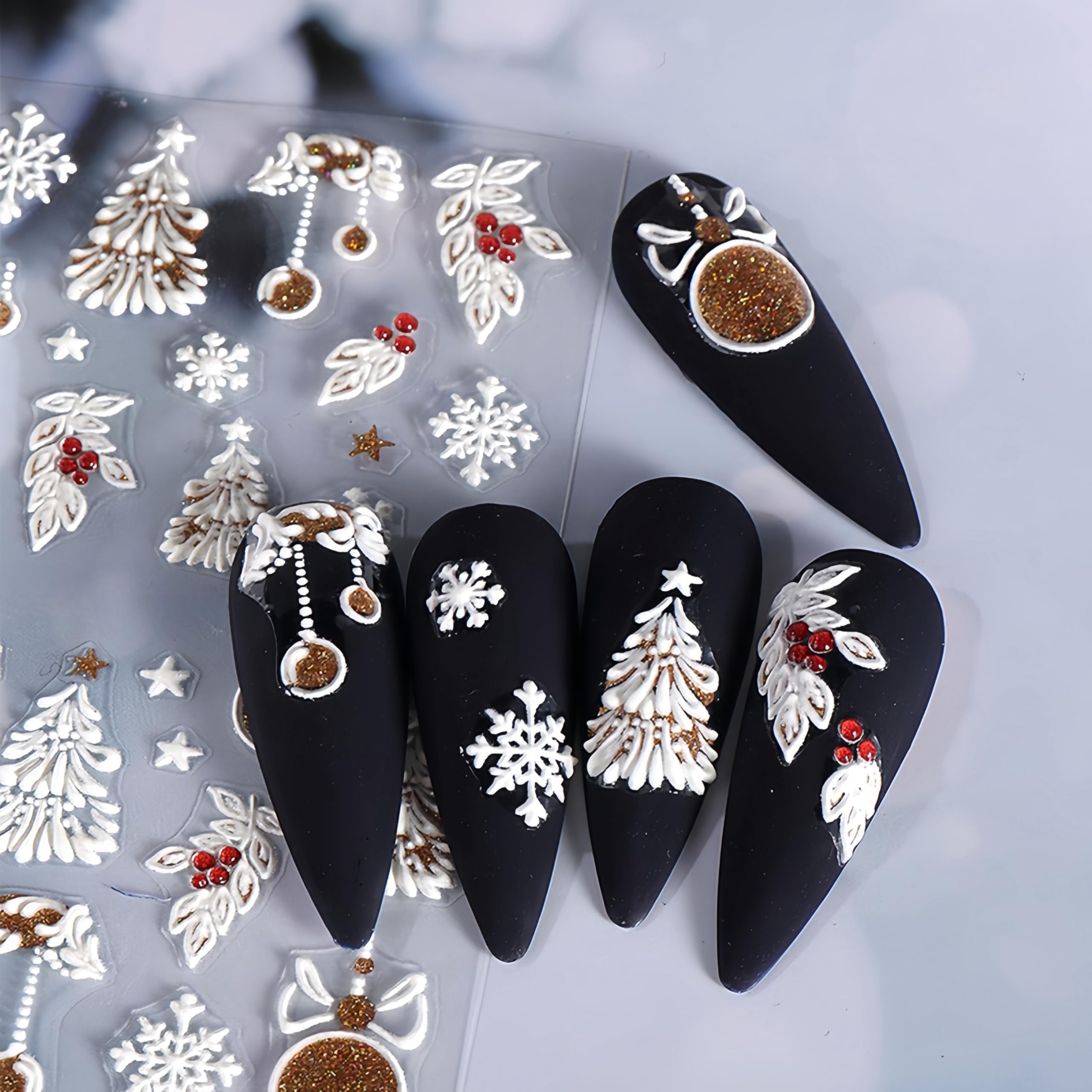 Christmas Nail Art Stickers Exquisite Embossed 5D Self-Adhesive Elk Snowflakes Bell Nail Decals Gold White Snowman Xmas Tree Lan