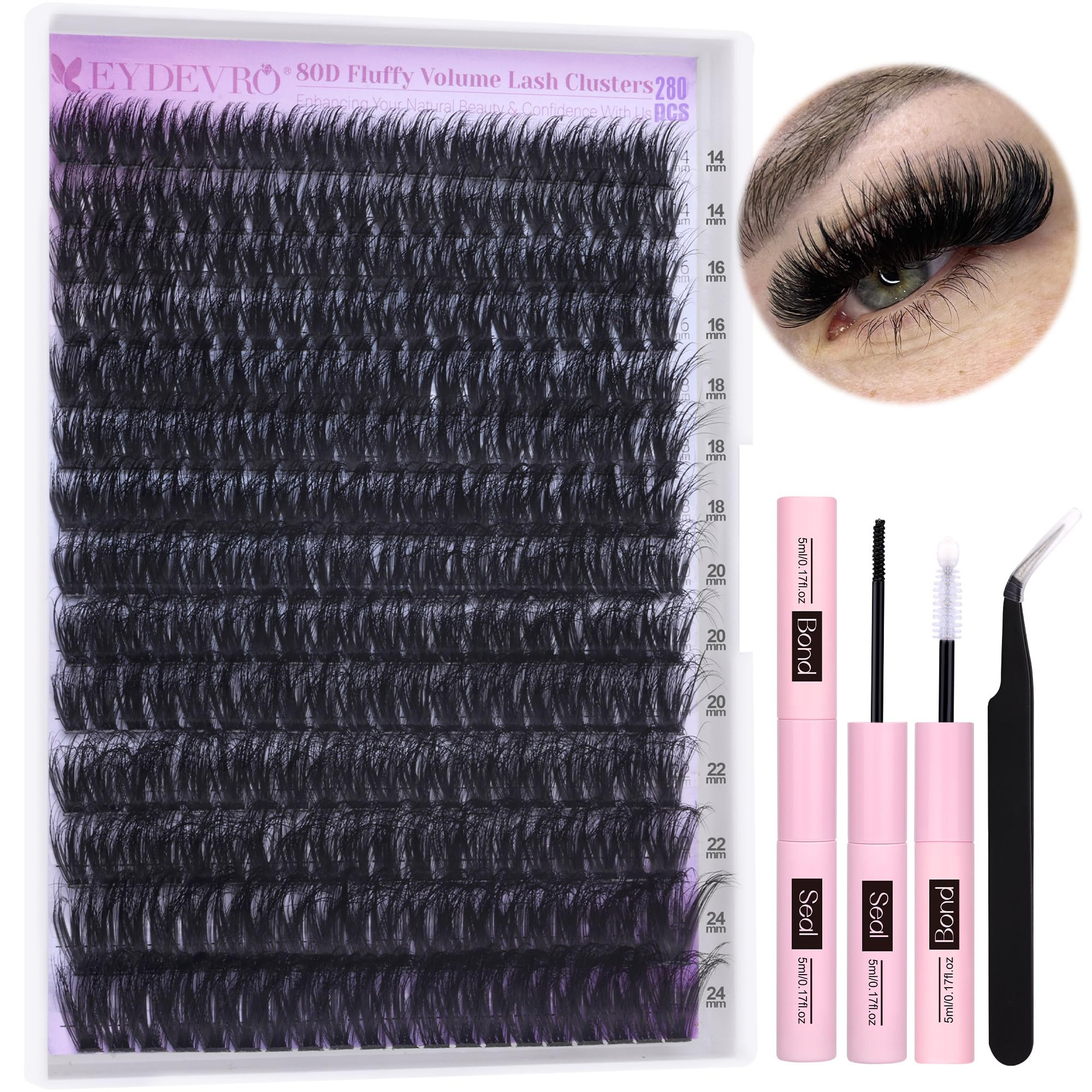 Eydevro Fluffy Lash Clusters Kit 14-24Mm Long Lash Extension Kit 280 Pcs Eyelash Extension Kit Individual Lashes Kit Mega Volume