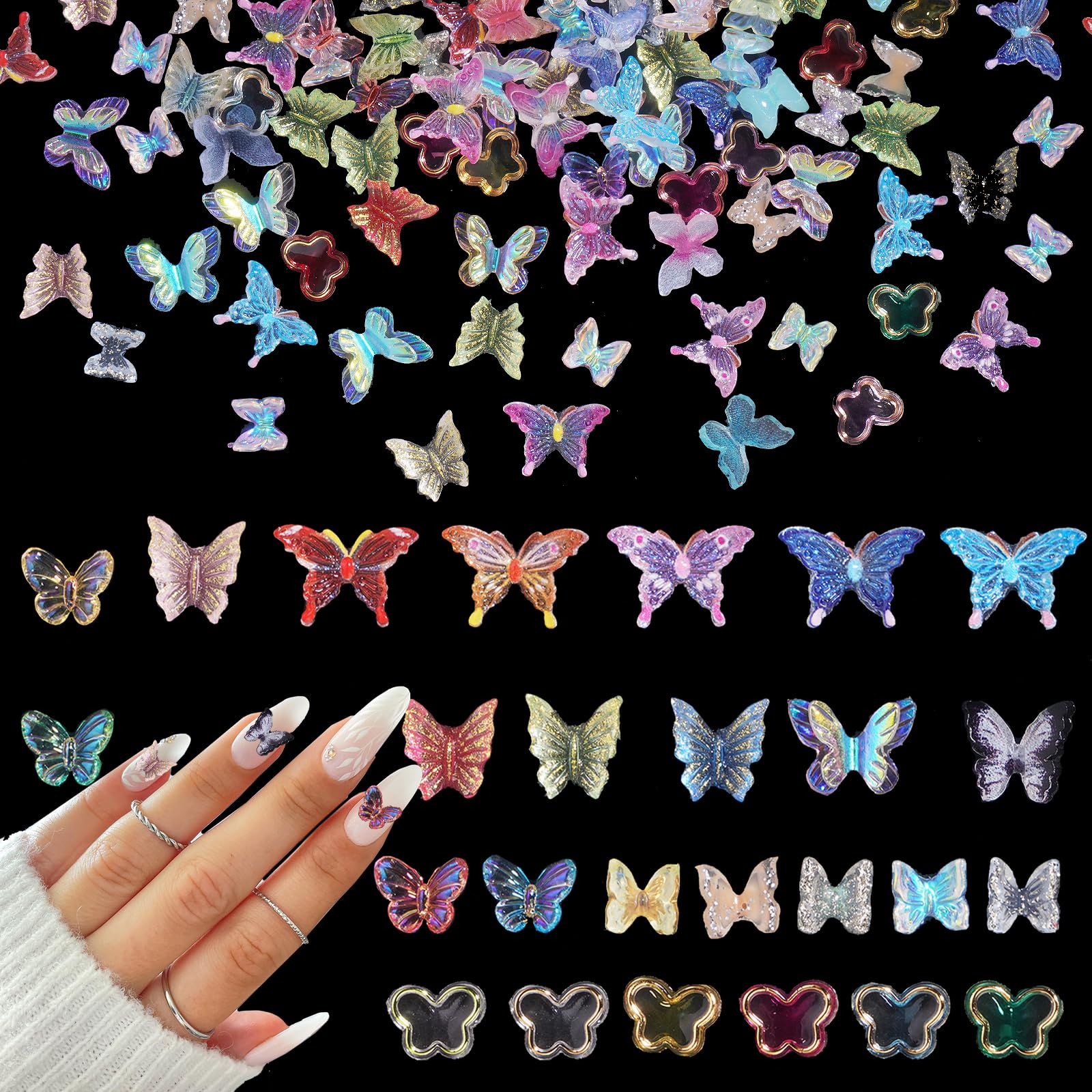 200 Pcs Acrylic Butterfly 3D Assorted Nail Charms Mixed Color Variety Butterfly Cute Nail Art Charms for Manicure DIY Crafts Acc