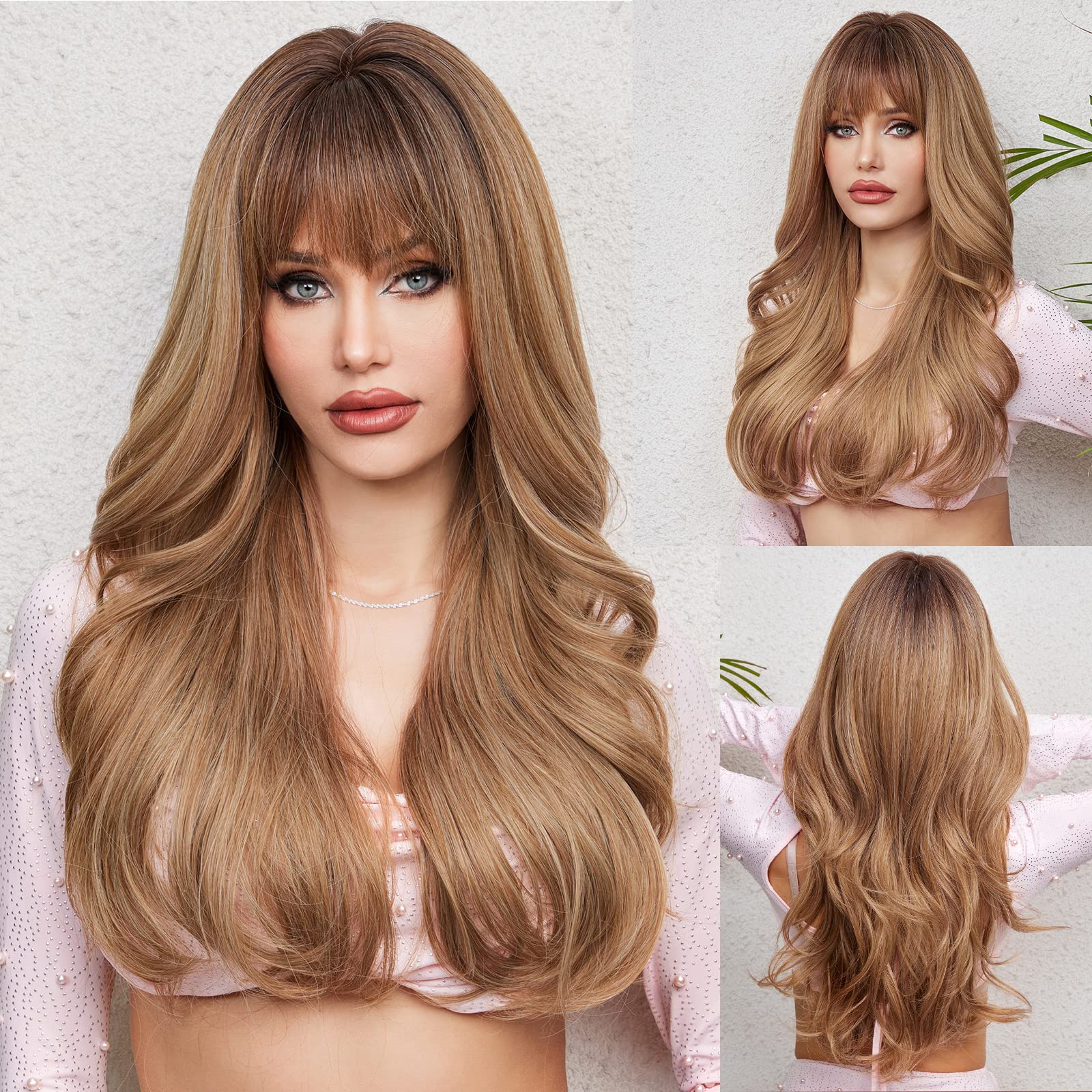 HAIRCUBE Light Brown Long Curly Wig with Bangs Heavy Blonde Natural Appearance Heat-Resistant Synthetic Wig Suitable for Fashion